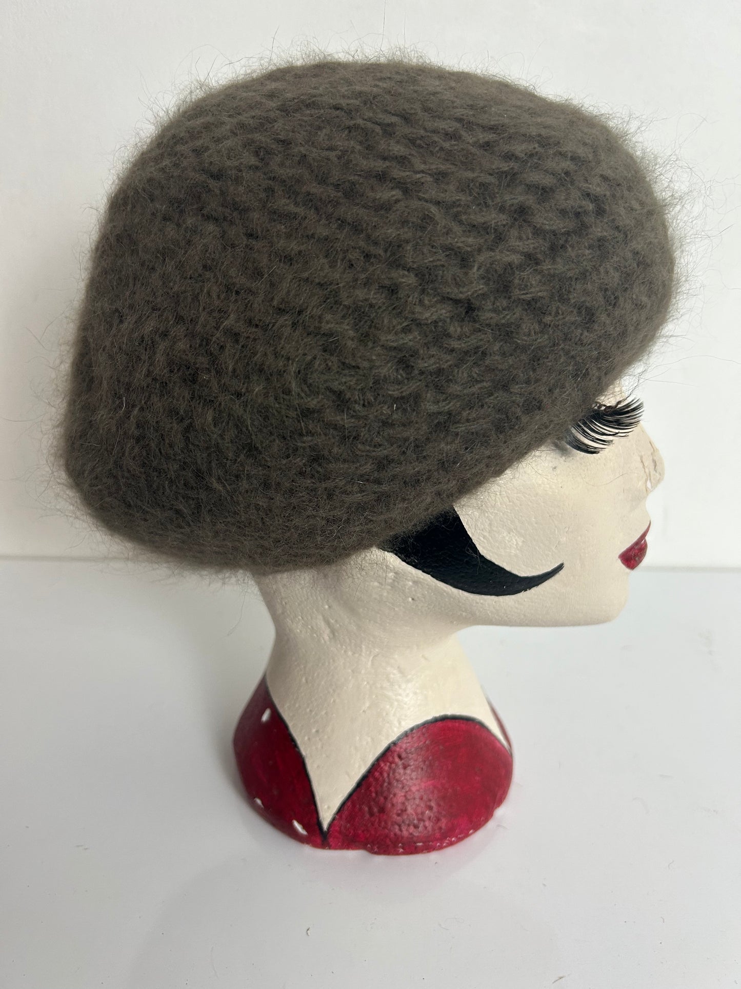 Vintage Khaki Army Green Chunky Knit Angora Mix Beanie Beret Style Hat