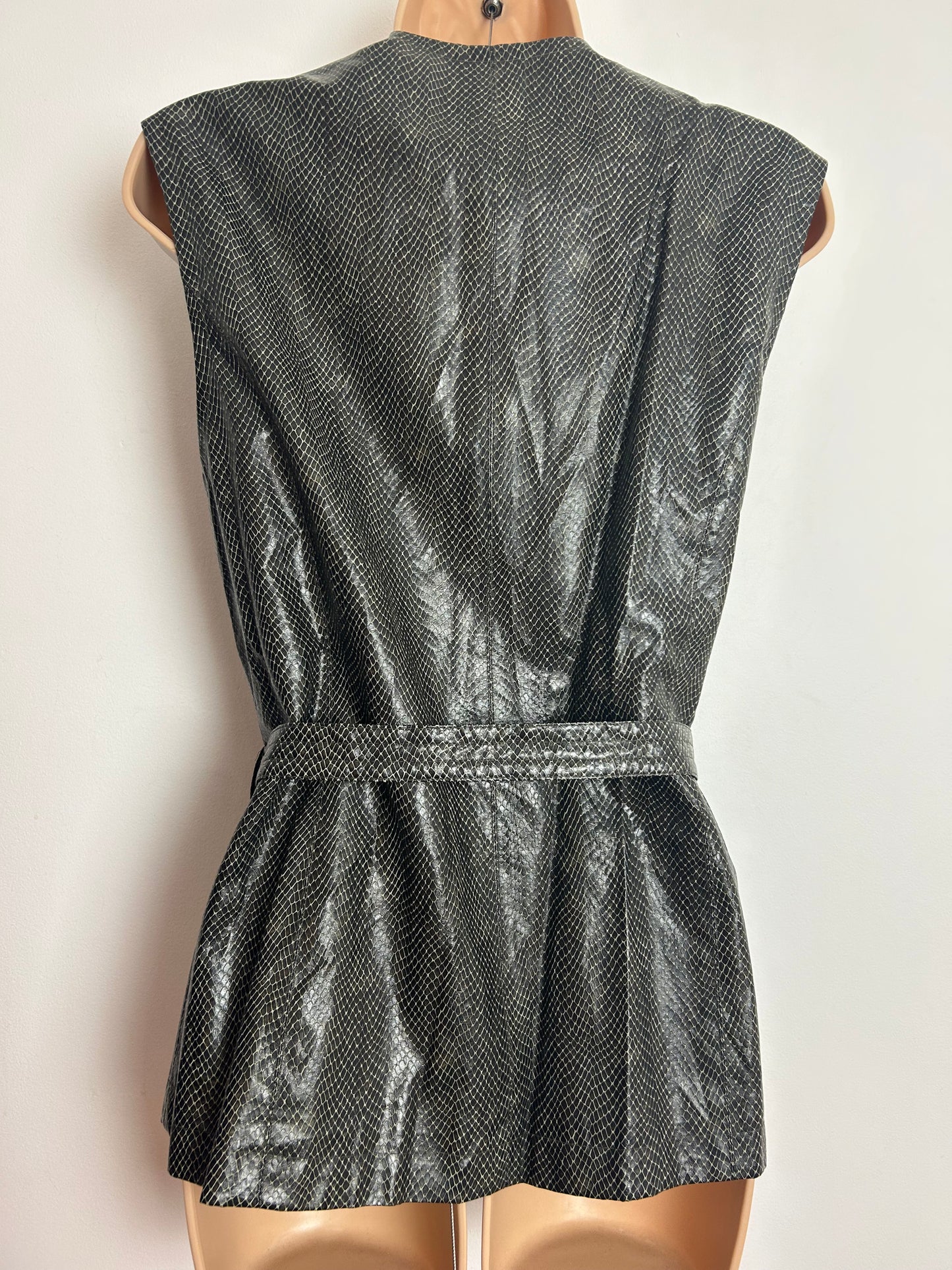 Vintage 1980s BETTY BARCLAY Size 12 Brown Faux Leather Reptile Skin Belted Zip Front Waistcoat Gilet Style Top