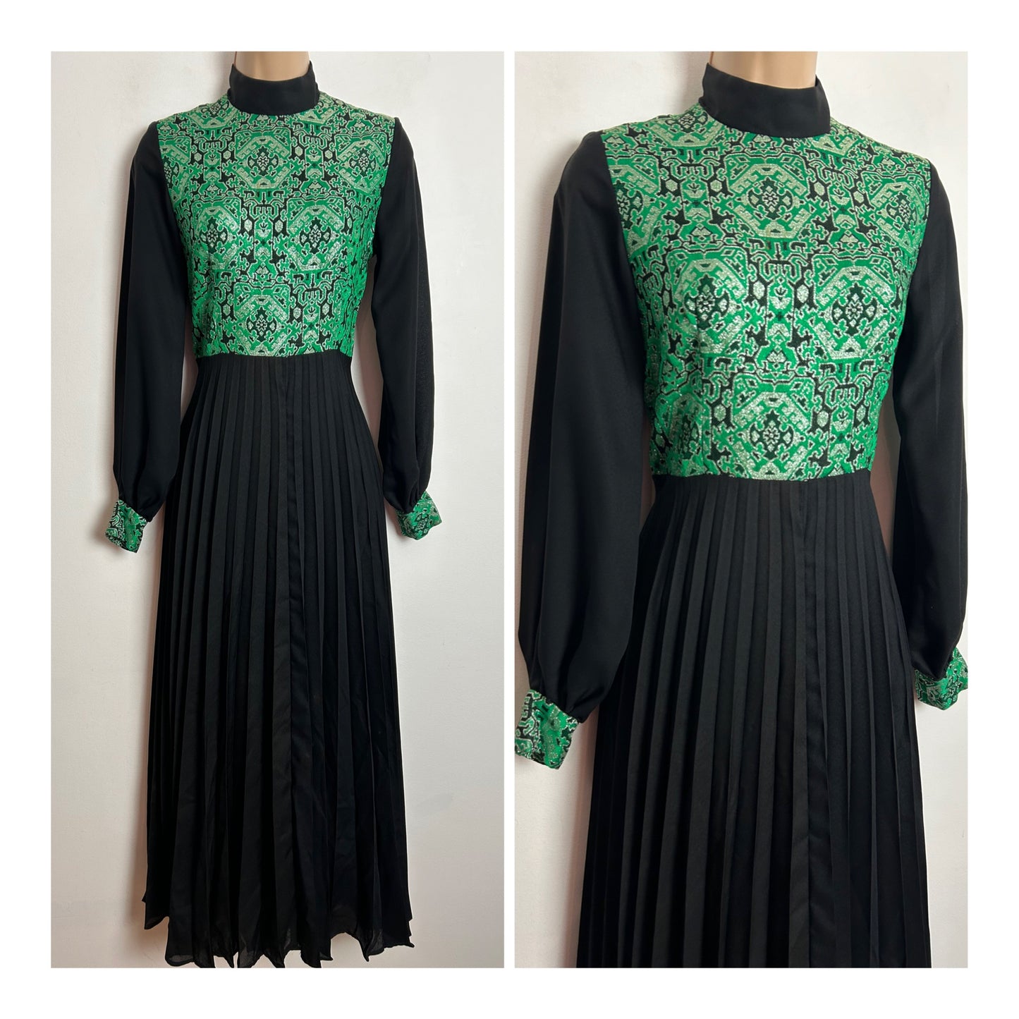 Vintage 1960s SHUBETTE UK Size 6 Black Green & Silver Brocade Pleated Occasion Evening Maxi Dress