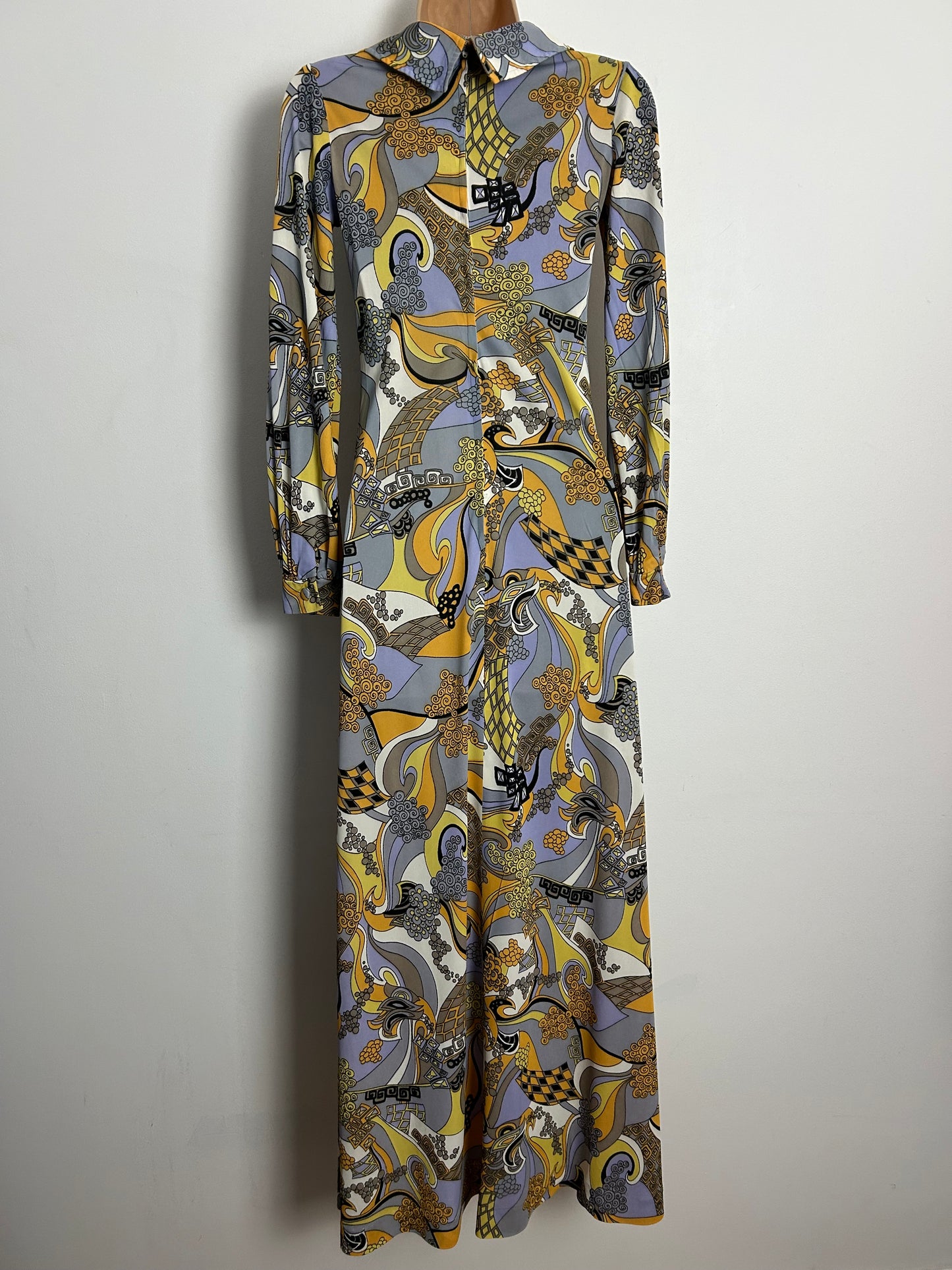 Vintage 1970s CANDA INTERNATIONAL UK Size 6 Grey Yellow Orange & White Psychedelic Print Maxi Dress