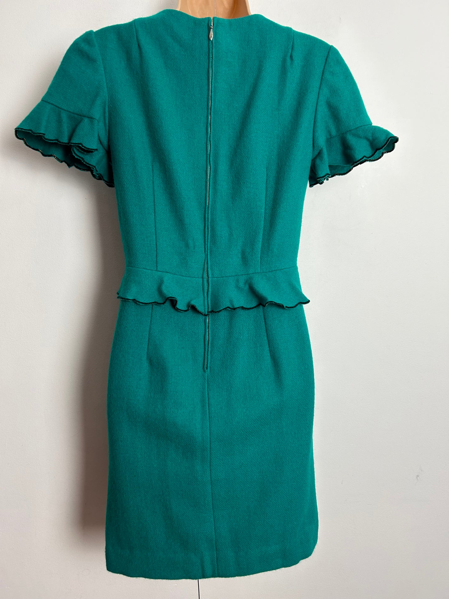 Vintage 1960s UK Size 8 Teal Green Pure Wool Peplum Fitted Mod Dress