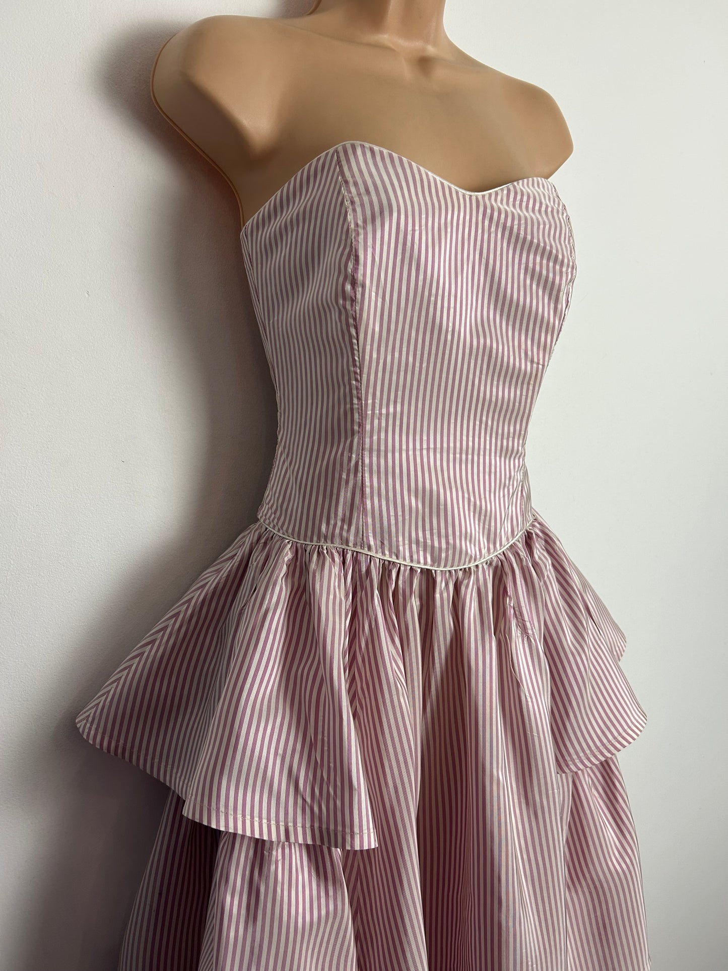 Vintage 80s LAURA ASHLEY UK Size 8 (Size 12 On Label) Strapless Pale Pink & White Stripe Tiered Full Length Ballgown