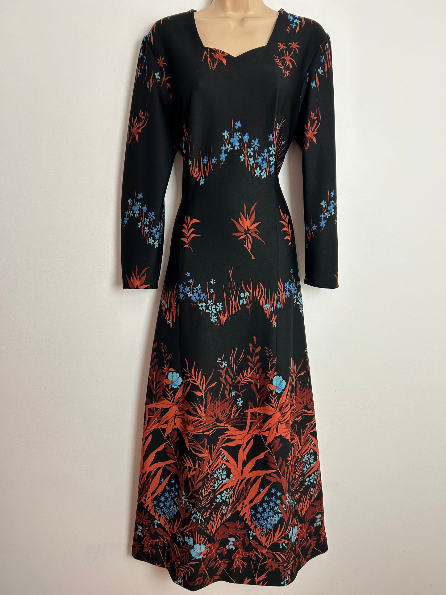 Vintage 1970s UK Size 10-12 Black Rusty Orange & Blue Floral Print Long Sleeve Maxi Dress