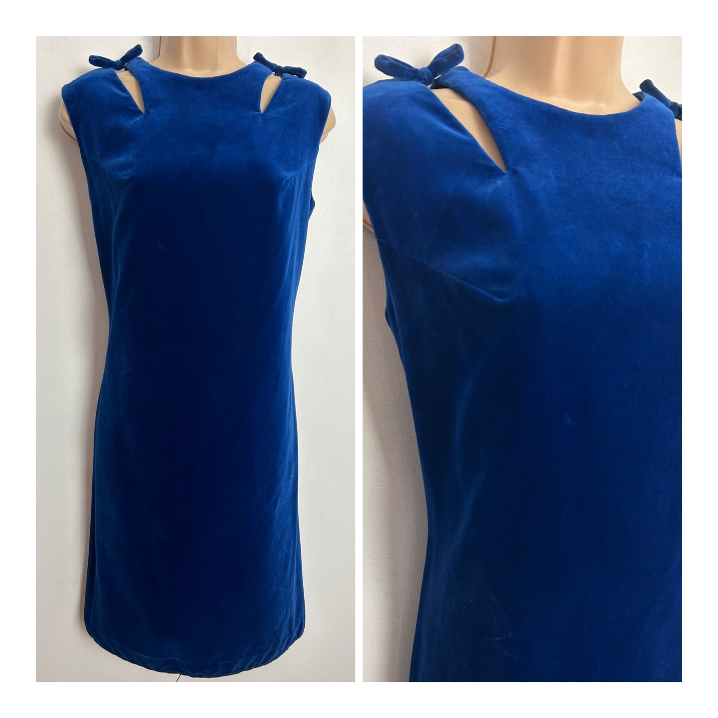 Vintage 1960s UK Size 8-10 Blue Velvet Sleeveless Cut Out Shoulder & Bow Detail Shift Mod Dress
