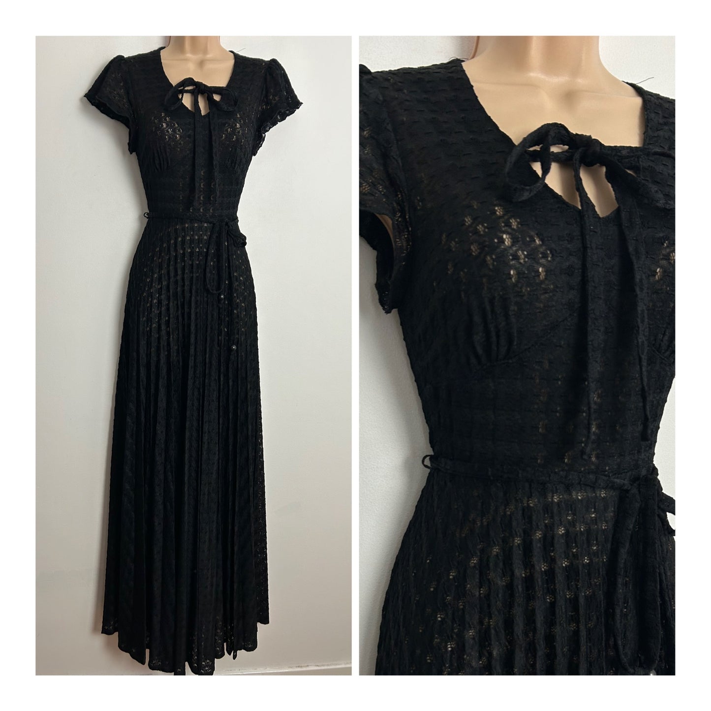 Vintage 1970s C&A UK Size 6 Black Semi Sheer Short Sleeve Belted Pleated Boho Maxi Dress
