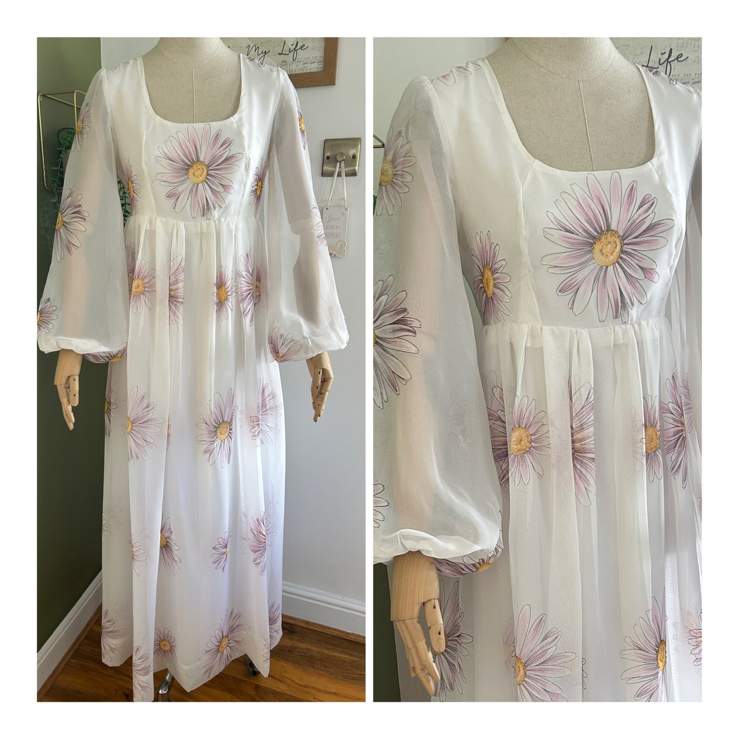 Vintage 1970s Size 10 White & Pink Floral Print Long Sleeve Chiffon Maxi Dress