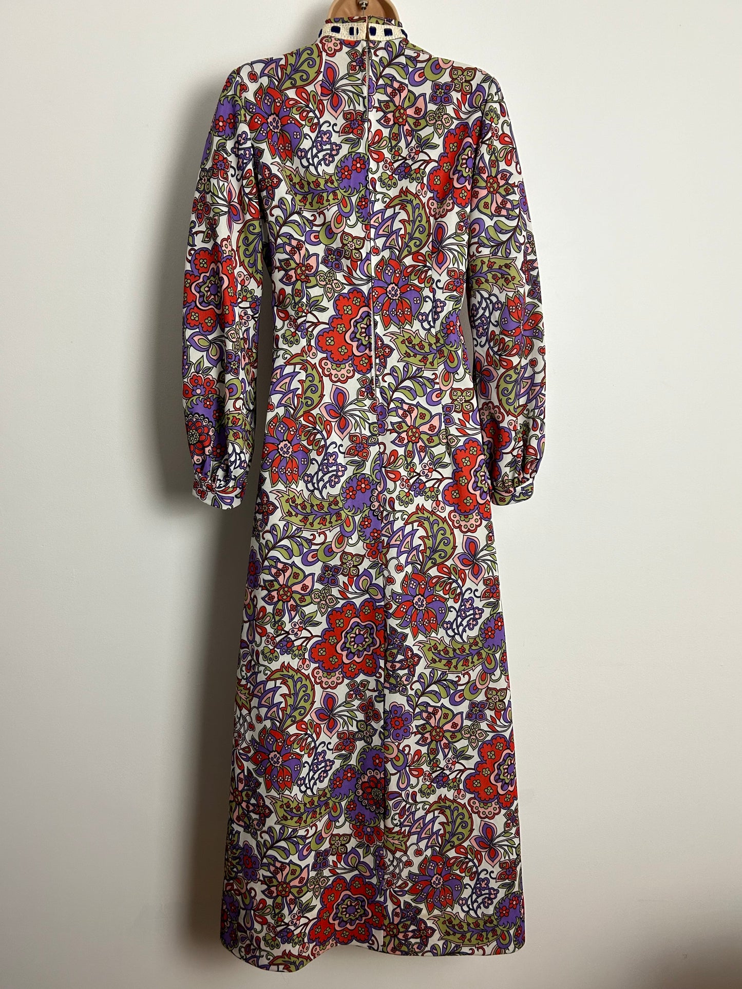 Vintage 1970s Homemade UK Size 12 White Purple Red Green Floral Print Long Sleeve Tie Waist Boho Maxi Dress