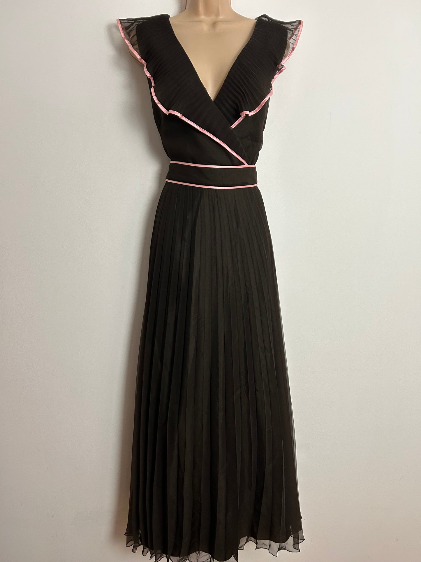 Vintage 1970s COCKTAIL HOFFMAN UK Size 12 Brown With Pink Trim Pleated Belted Occasion Dress