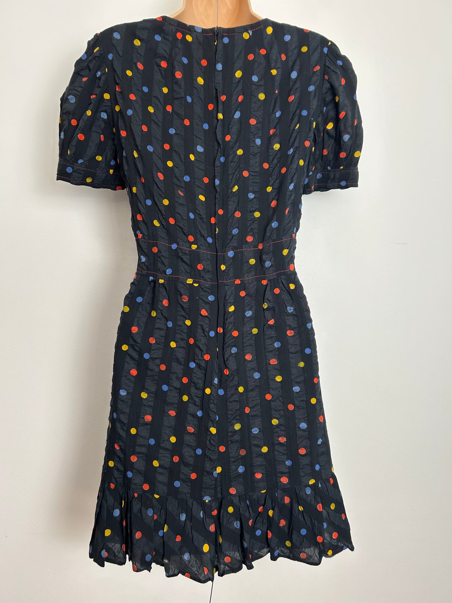 Vintage 1960s Size 10 Black Orange Yellow & Blue Polka Dot Seersucker Cotton Mini Mod Dress