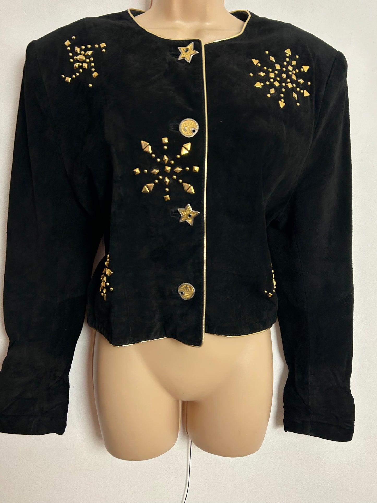 Vintage 1980s YESSICA @ C&A UK Size 12-14 Black Suede Gold Stud Detail Cropped Jacket