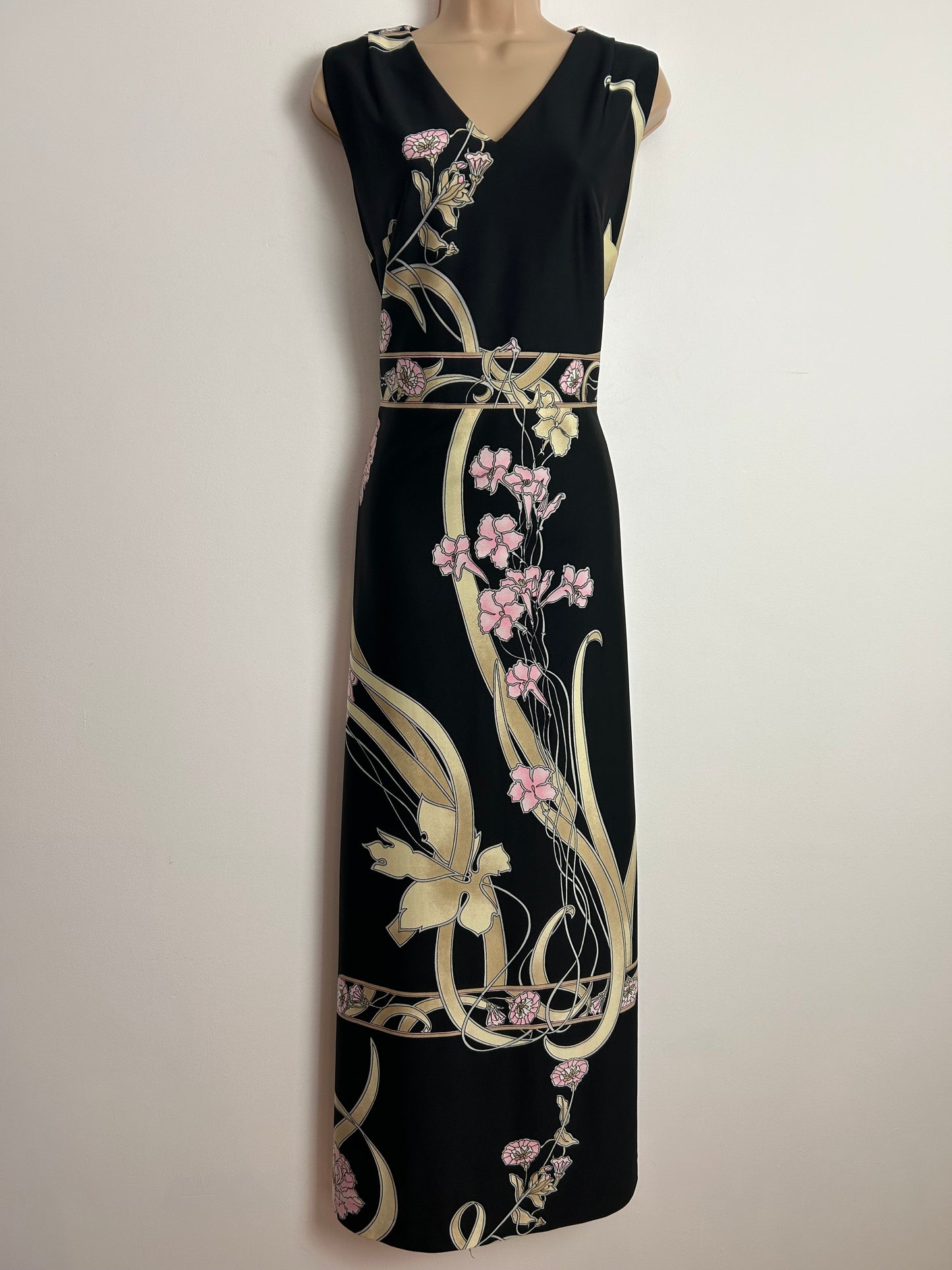 Vintage 1970s Size 14 Black Beige & Pink Floral Print Sleeveless Maxi Dress