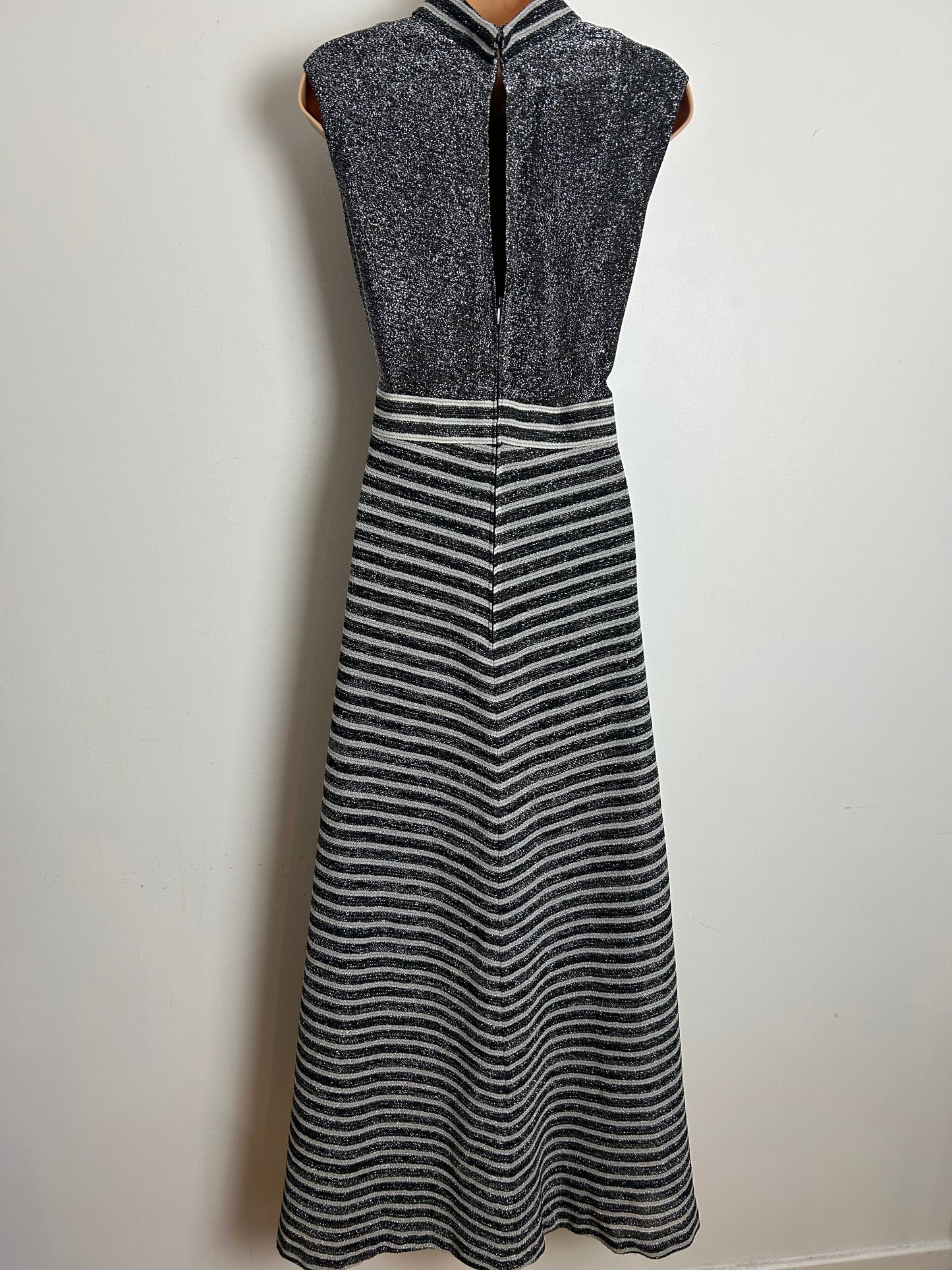 Vintage 1970s Size 12 Black & Silver Lurex Stripe Print Sleeveless Evening Maxi Dress