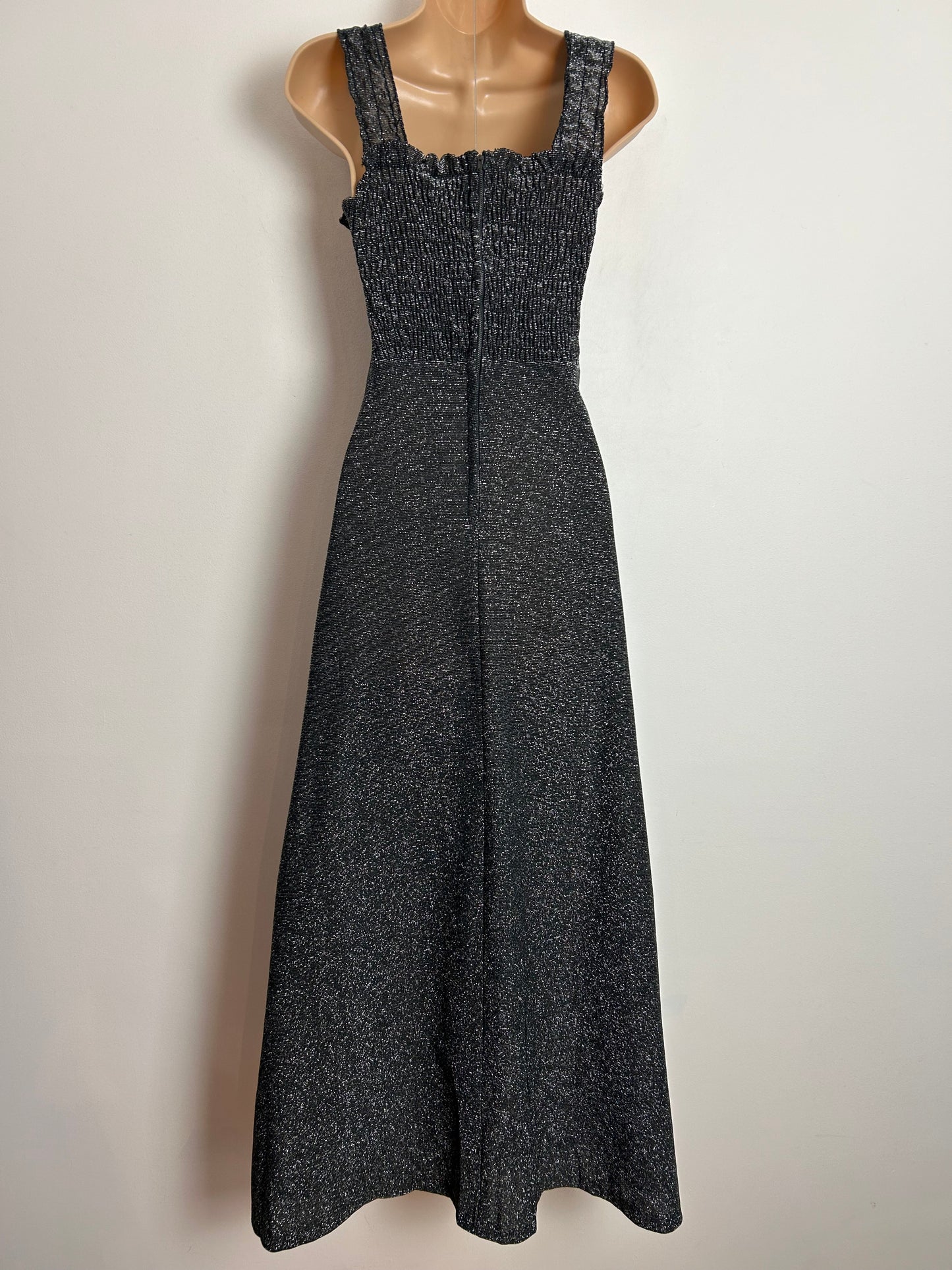 Vintage 1970s DOROTHY PERKINS UK Size 10 Black Silvery Lurex Shirred Stretchy Bodice Evening Maxi Dress