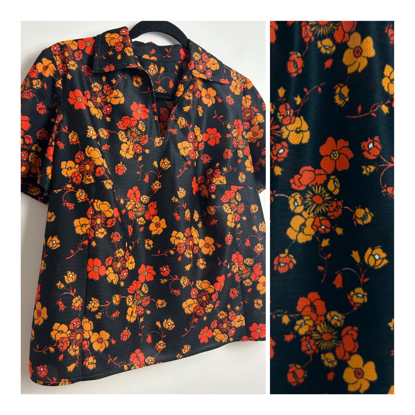 Vintage 1970s Size 16 Black & Orange Tones Floral Print Short Sleeve Shirt Style Top