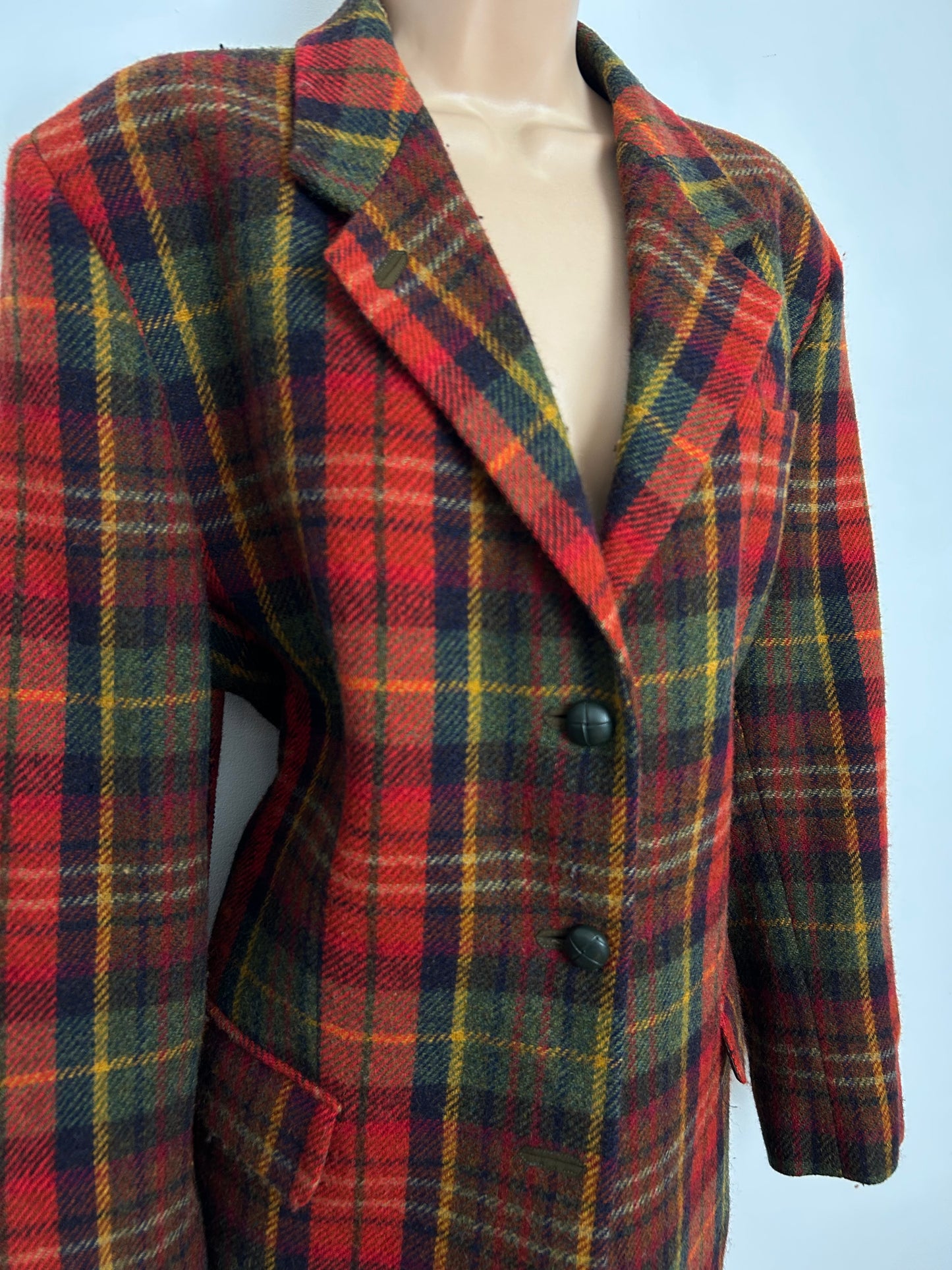 Vintage DAKS SIGANTURE Size 14-16 Red Green & Yellow Tartan Check Wool Blazer Jacket With Elbow Patches