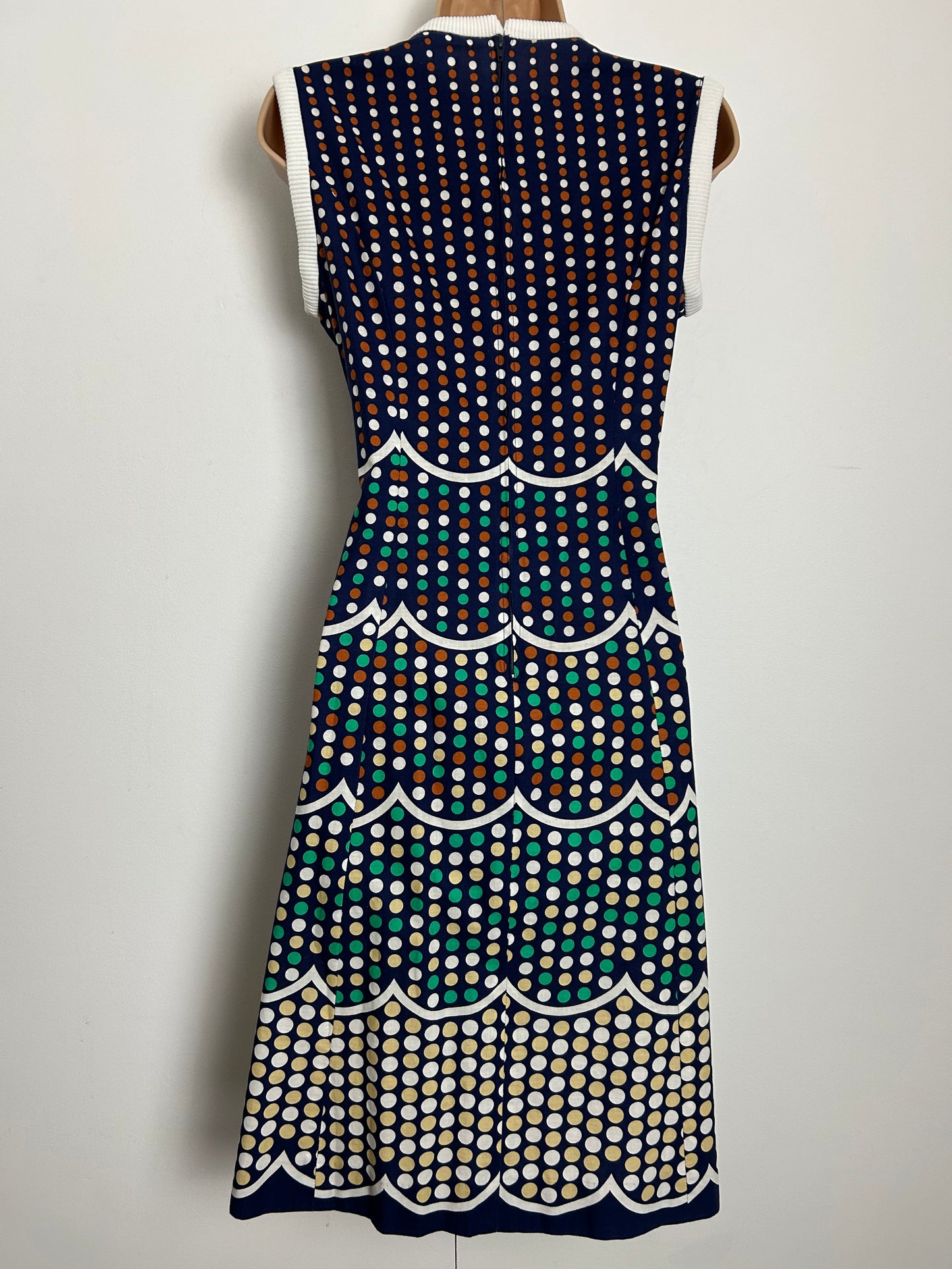Vintage 1960s RODNEY Size 10 Navy Blue White Rust & Green Polka Dot Cotton Mix Kick Pleated Mod Dress