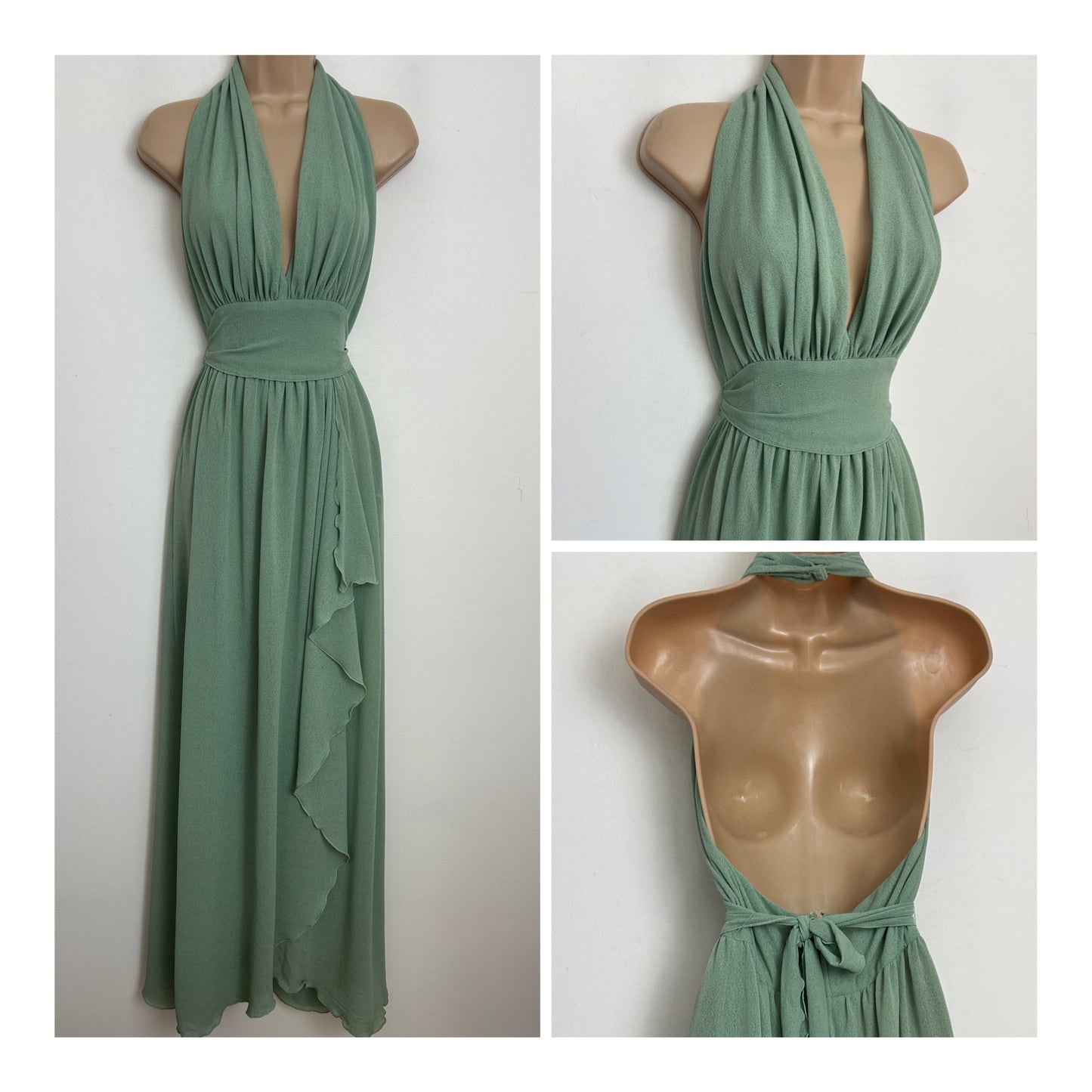 Vintage 1970s Size 10 PETER BARRON Sage Green Halterneck Wrap Skirt Maxi Dress
