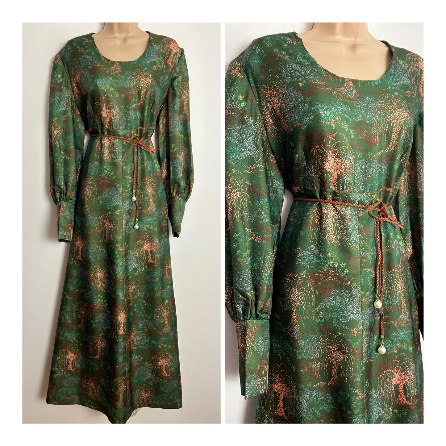 Vintage 1970s UK Size 16 Green & Coral Weeping Willow Tree Print Long Sleeve Boho Maxi Dress