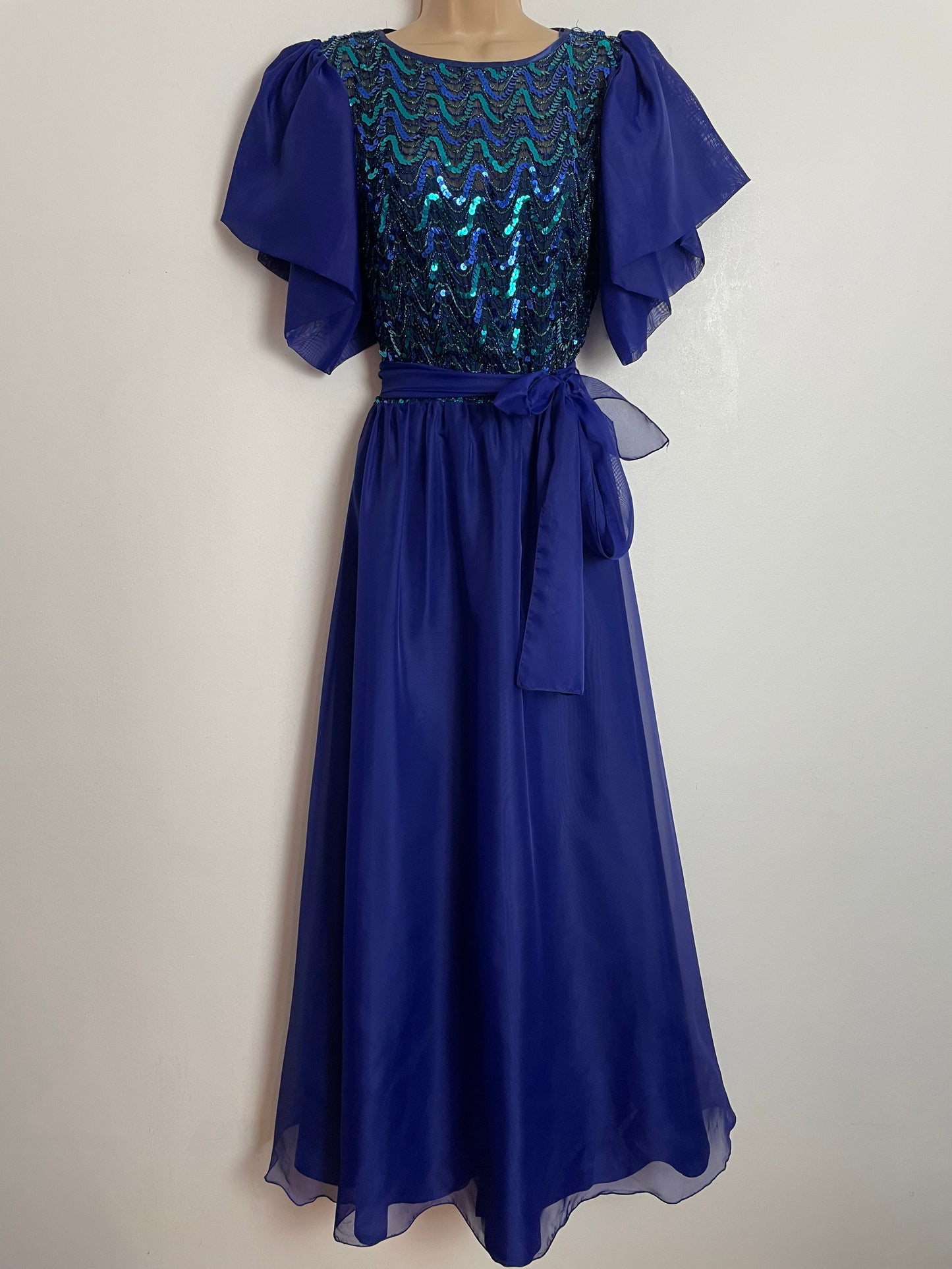 Vintage 1980s VERA MONT UK Size 8 Purpley Blue Sequin & Braid Trim Tulip Sleeve Occasion Evening Maxi Dress