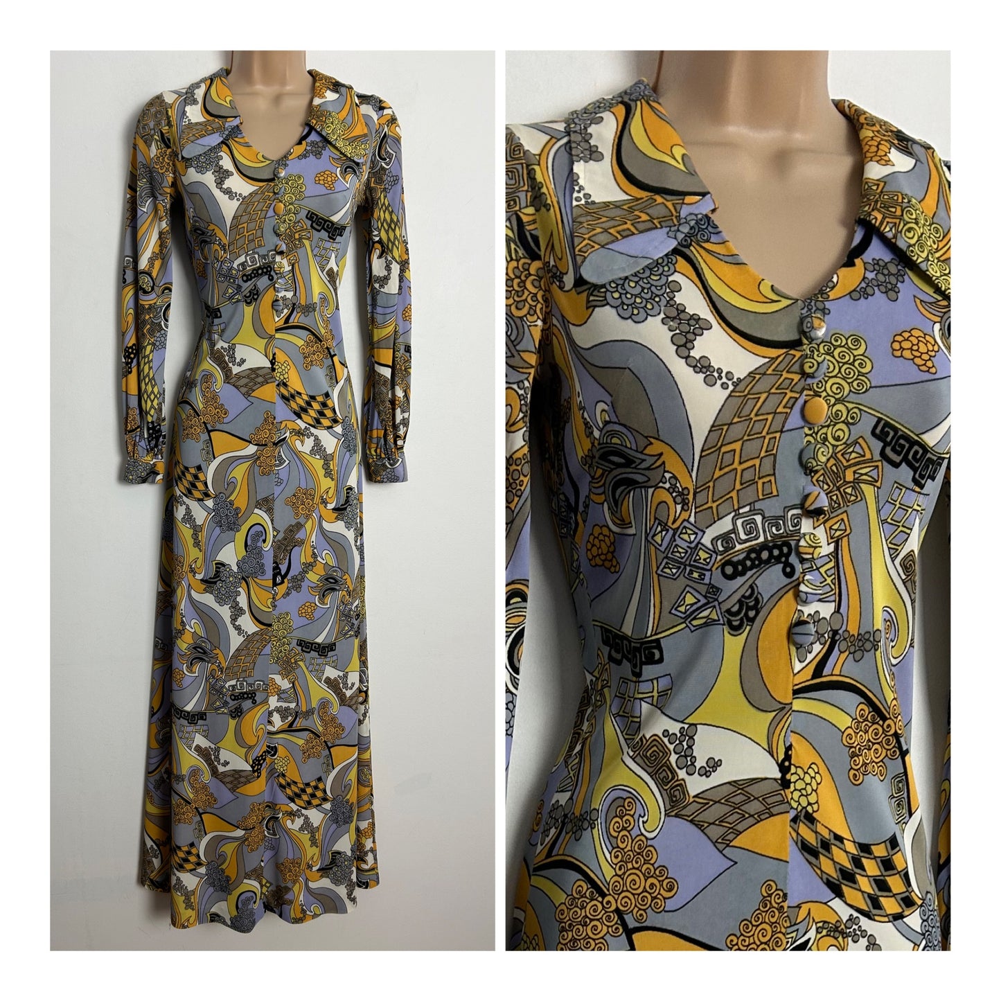 Vintage 1970s CANDA INTERNATIONAL UK Size 6 Grey Yellow Orange & White Psychedelic Print Maxi Dress