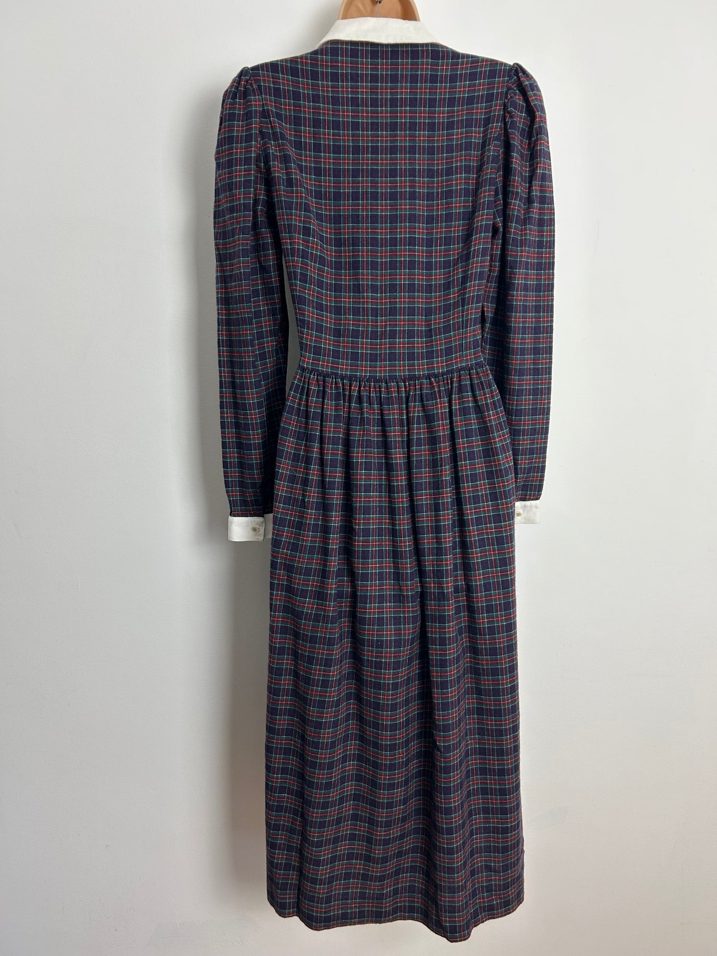 Vintage 1980s LAURA ASHLEY UK Size 8 (10 On Label) Purple Red & Green Tartan Check Print Wool Mix Day Dress