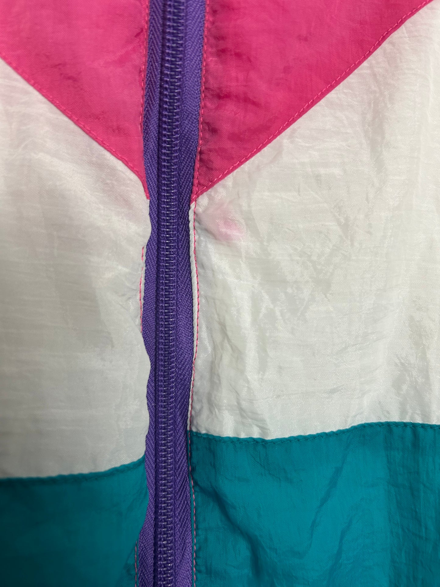 Vintage 1980s FIZZICAL Upto Size 14 Pink White Teal & Purple Shell Suit Jacket