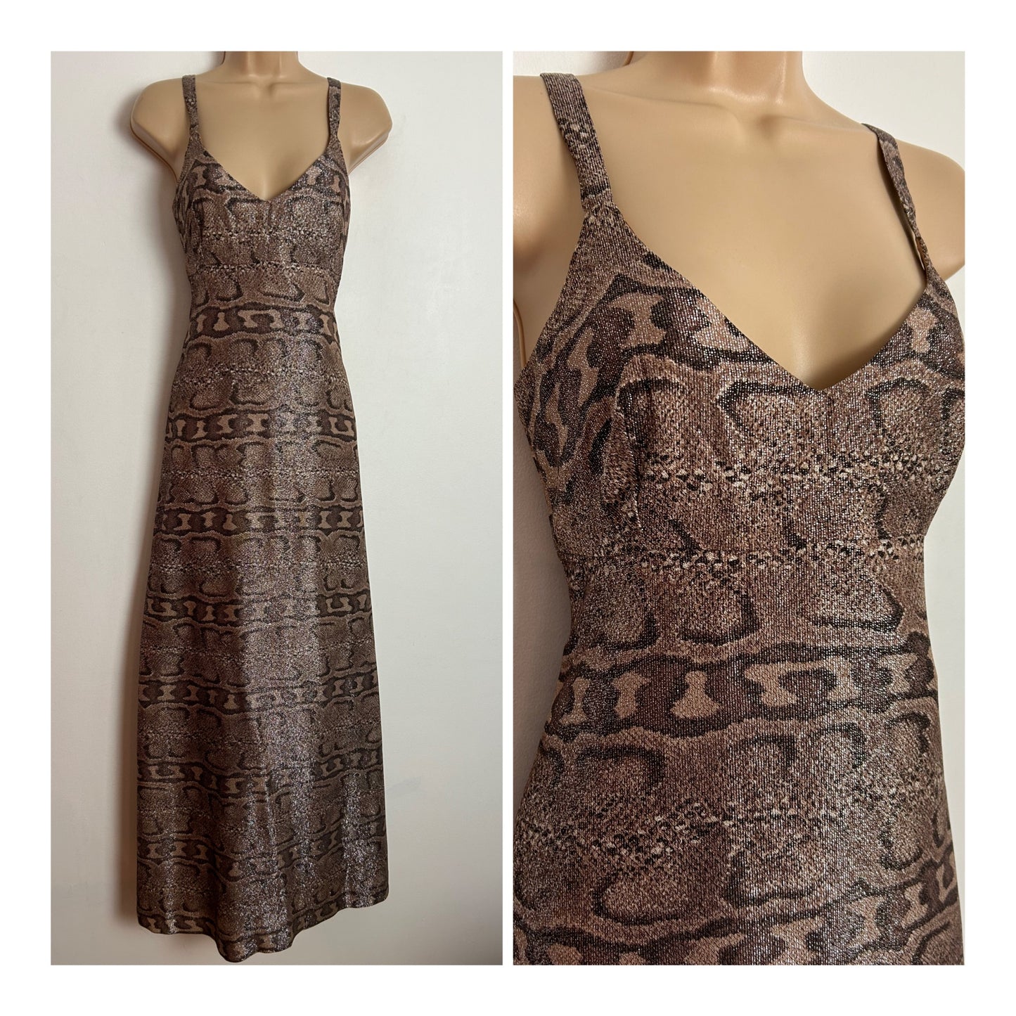 Vintage 1970s JINTYS LONDON UK Size 10 Brown Tones Lurex Animal Print Party Evening Maxi Dress