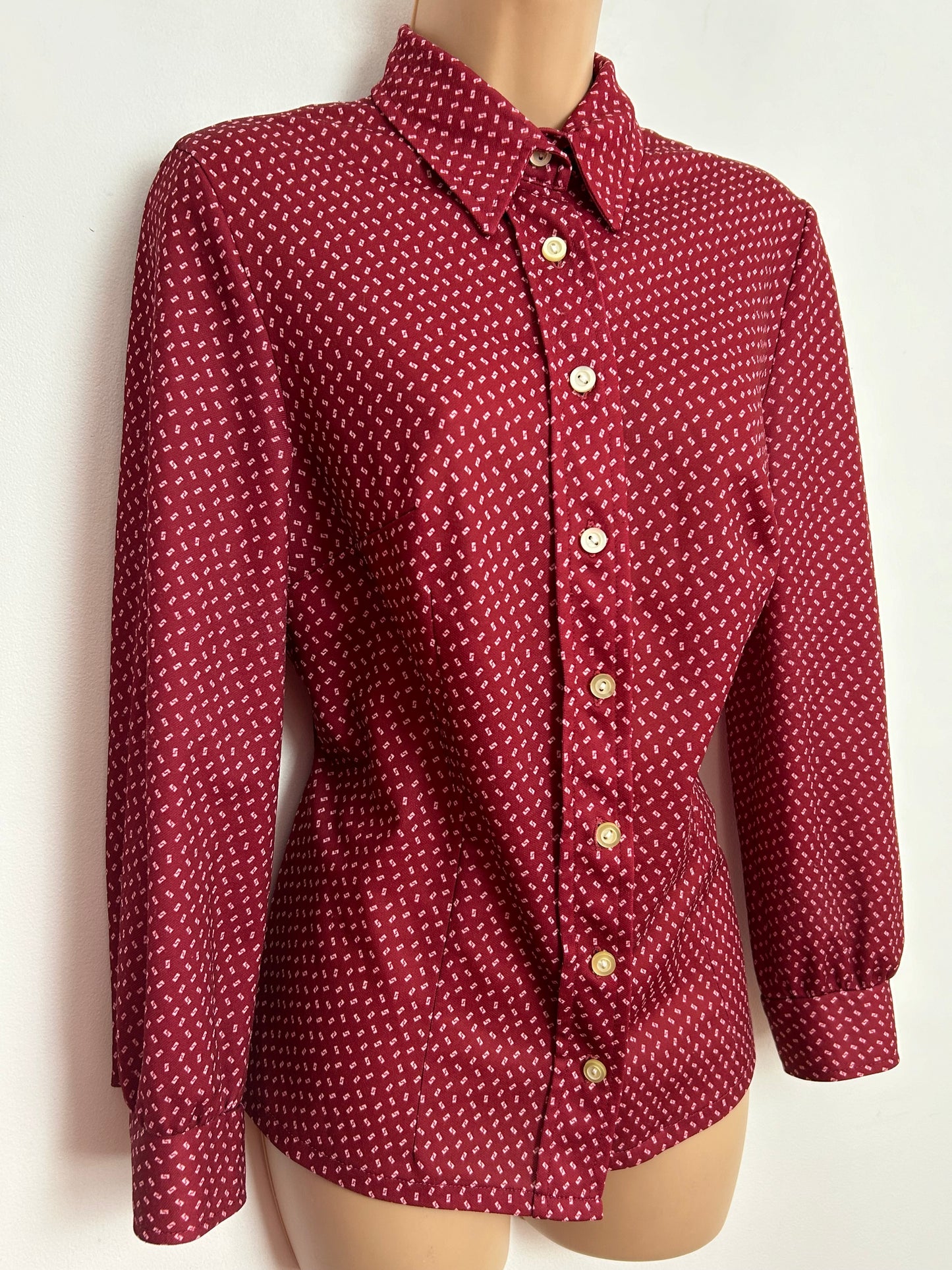 Vintage 1970s UK Size 12 Dark Red Geometric Print Long Sleeve Shirt