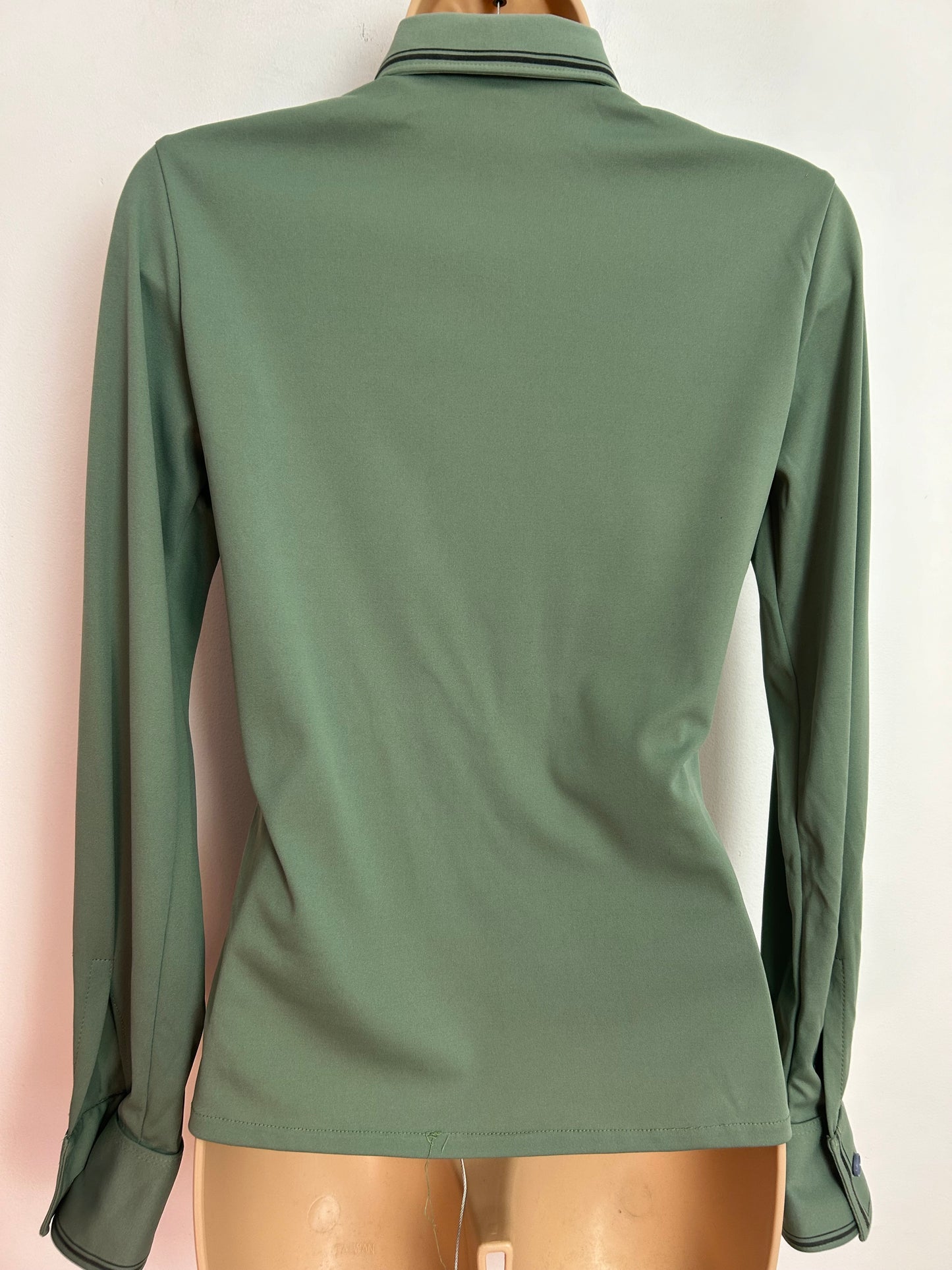 Vintage 1970s UK Size 8 Sage Green Stripe Print Pocket Detail Long Sleeve Shirt