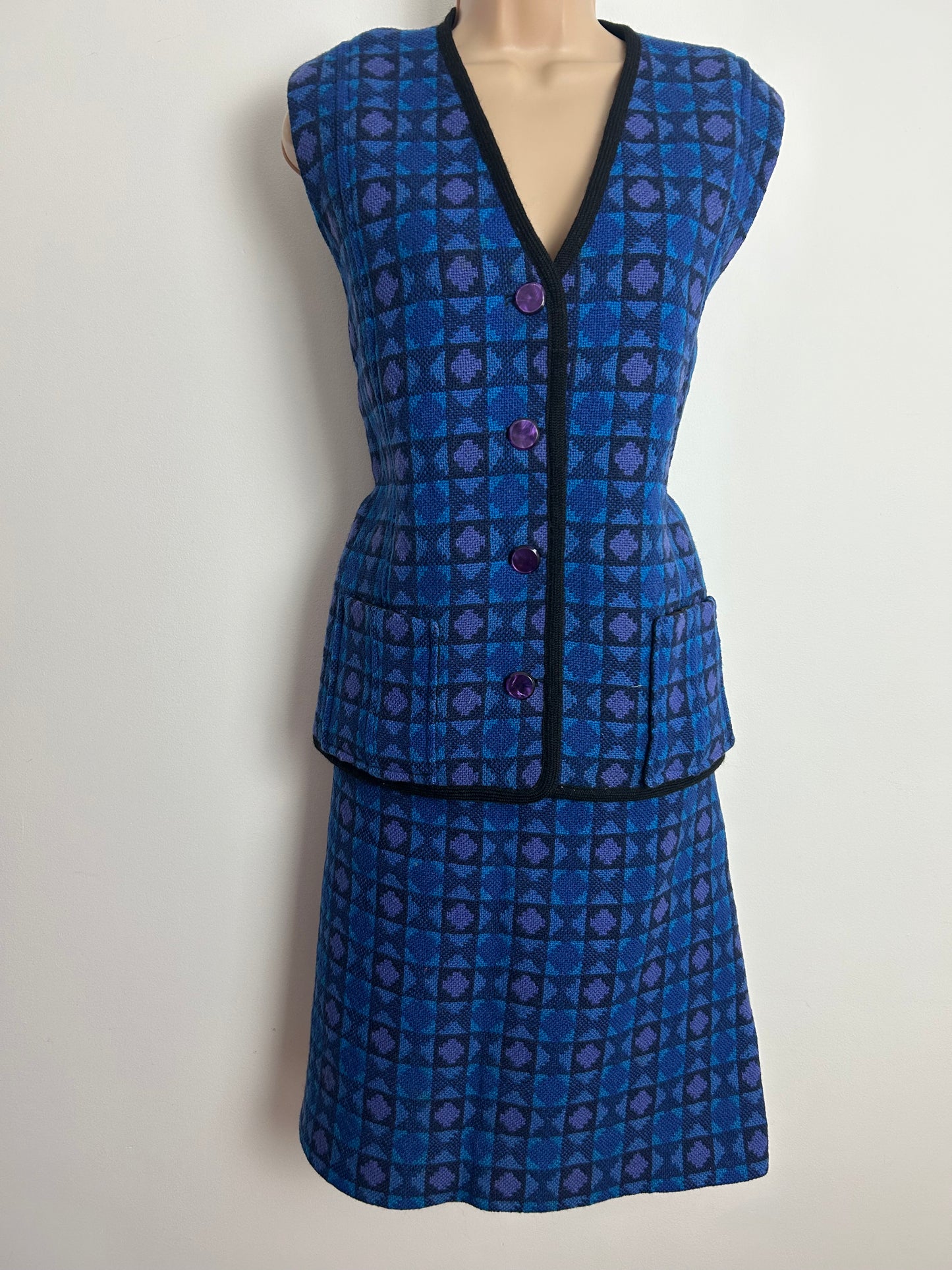 Vintage 1960s Size 12 WELSH TAPESTRY Blue & Purple Check Print Heavy Wool Two Piece Waistcoat & Skirt Suit