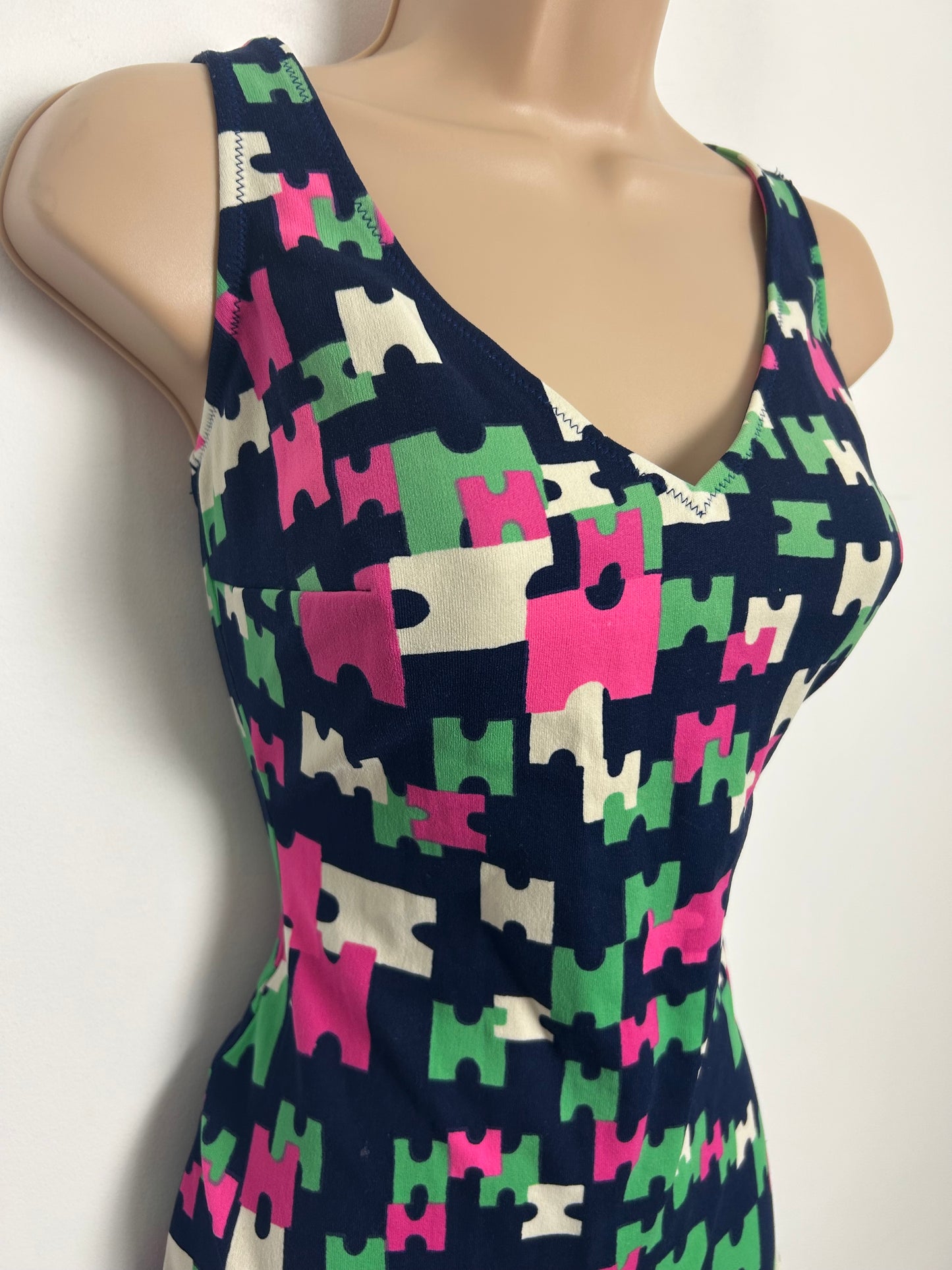 Vintage Late 1960s Approx Size 14-16 Navy Blue Pink Green & White Abstract Geo Jigsaw Style Print Swimsuit