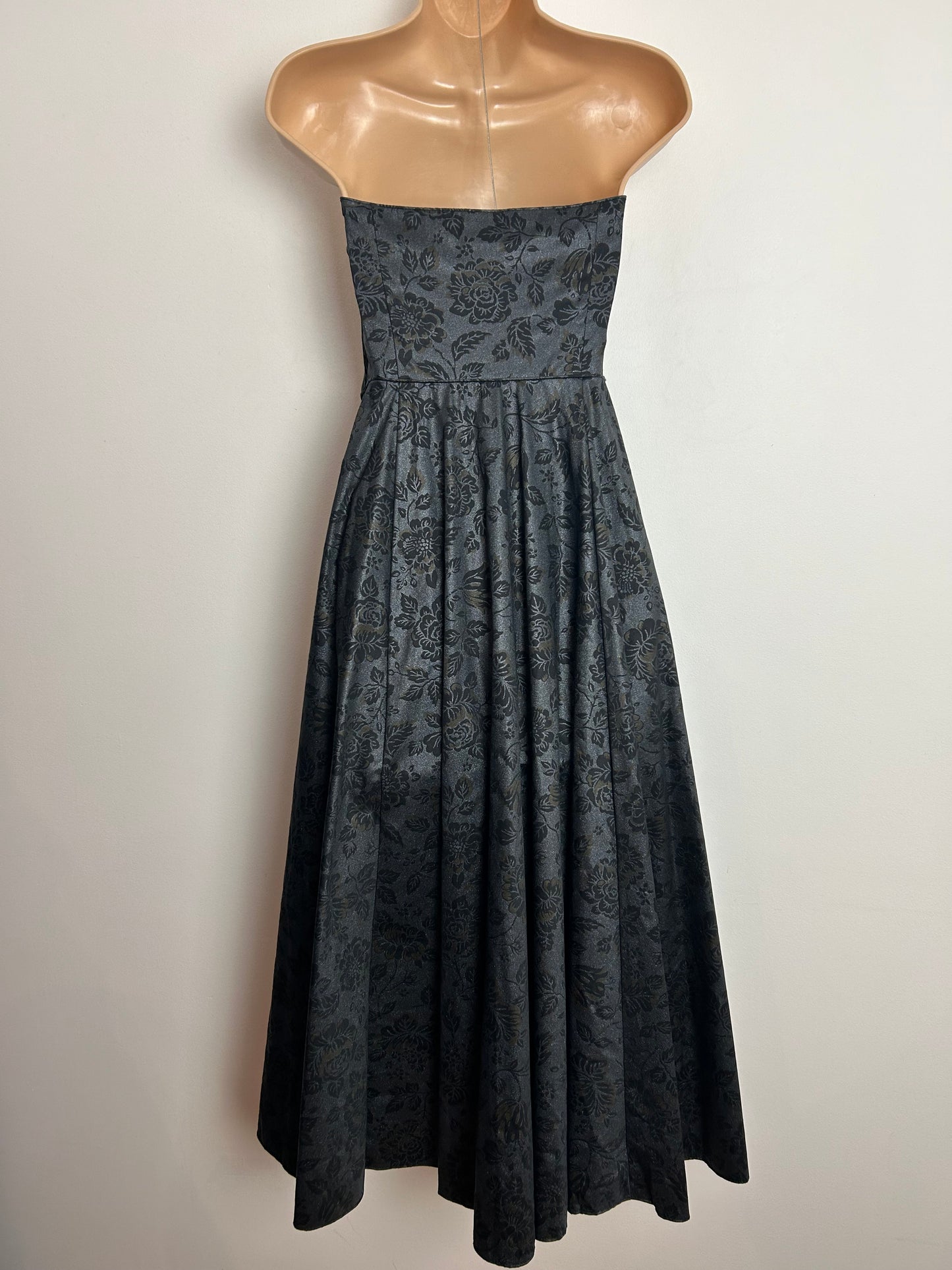 Vintage 1980s LAURA ASHLEY UK Size 10 (Size 16 On Label) Dark Grey Floral Strapless Party Dress Ballgown