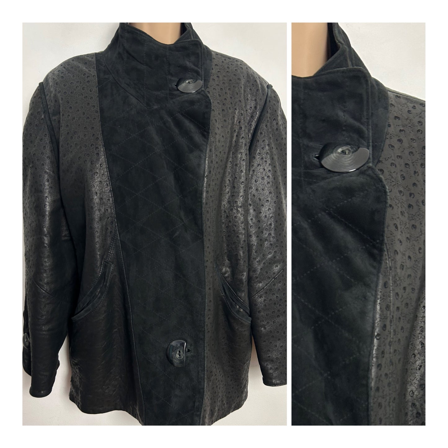 Vintage Early 1980s MARCO Up To Size 14-16 Black Leather Suede Chunky Buttons Over Size Leather Jacket