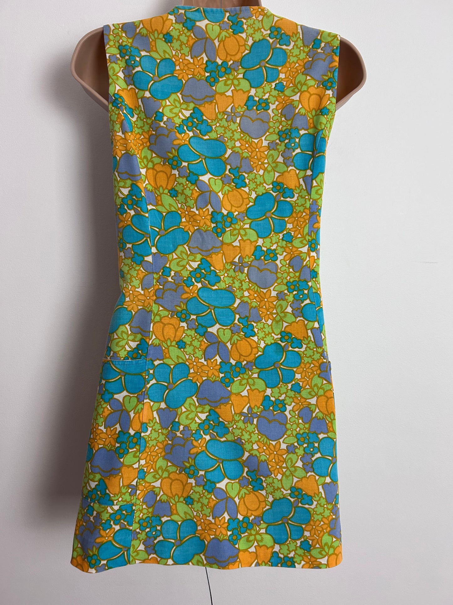 Vintage 1960s UK Size 8 Cute Blue Orange White & Green Floral Print Double Breasted Mini Mod Shift Dress