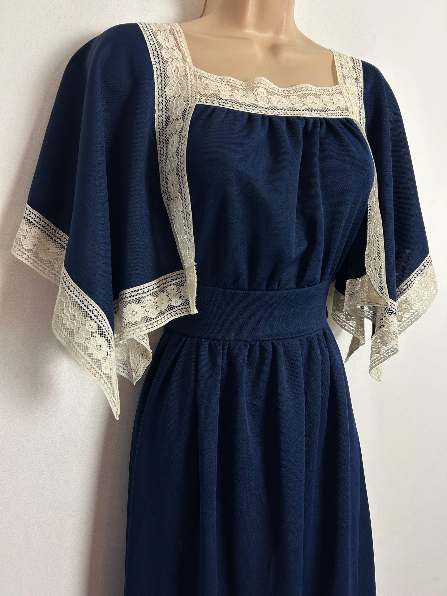 Vintage 1970s C&A UK Size 8 Navy Blue White Lace Trim Hanky Sleeve Boho Maxi Dress