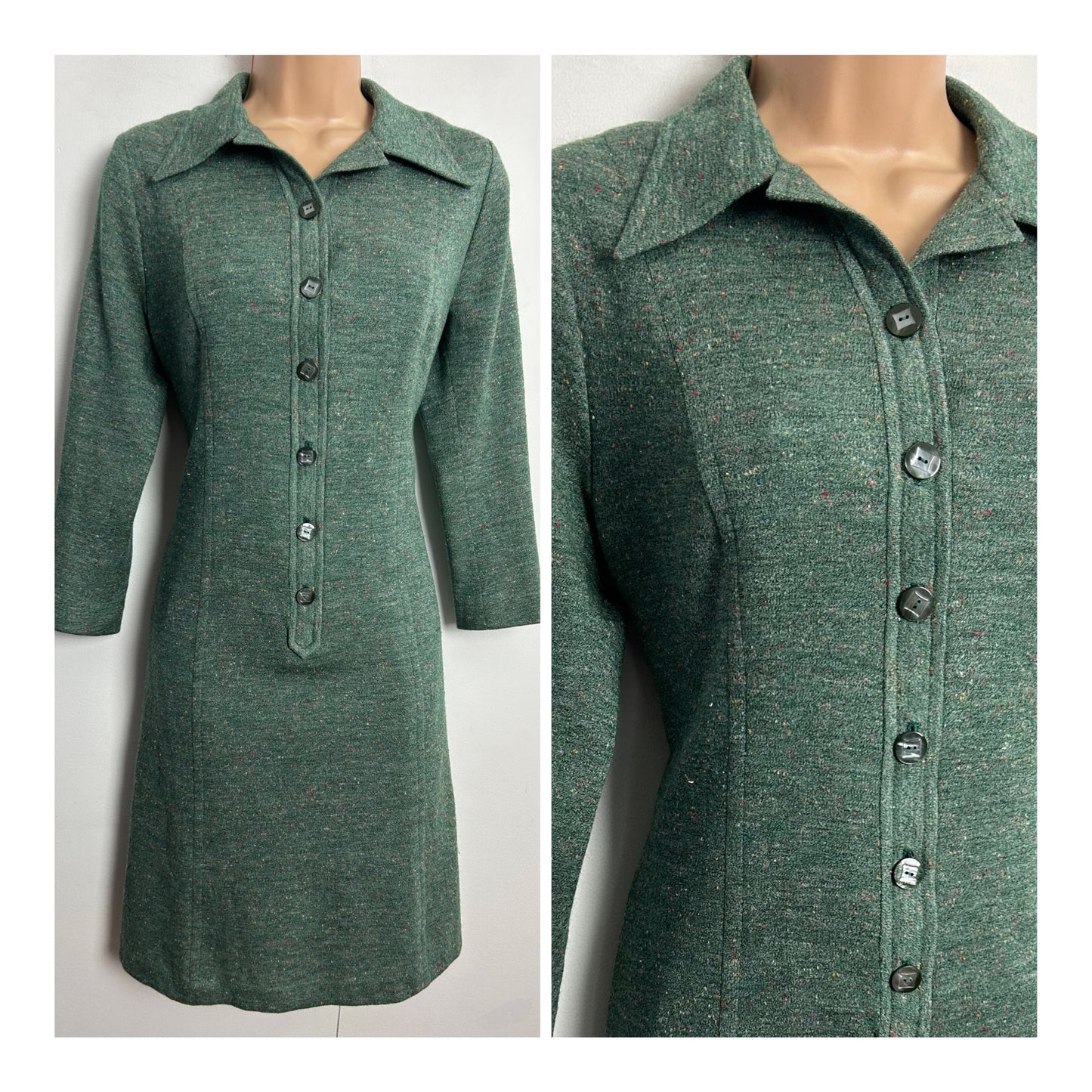 Vintage 1970s UK Size 12 Green Fleck Mod Long Sleeve Wool Jersey Day Dress