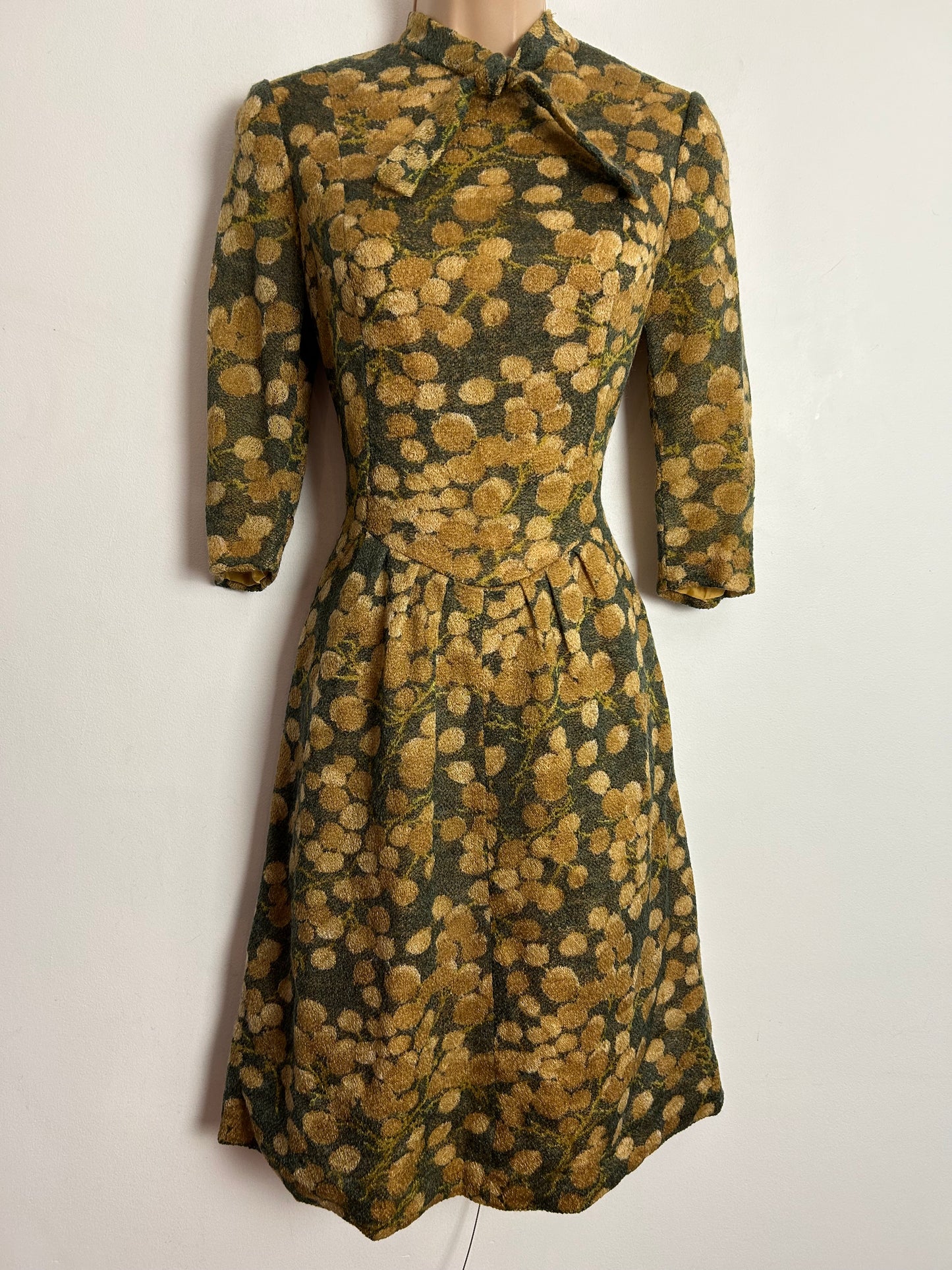 Vintage Early 1960s UK Size 8 Dark Grey & Tan Brown Abstract Floral Print Wool Mix Tie Neck Day Dress