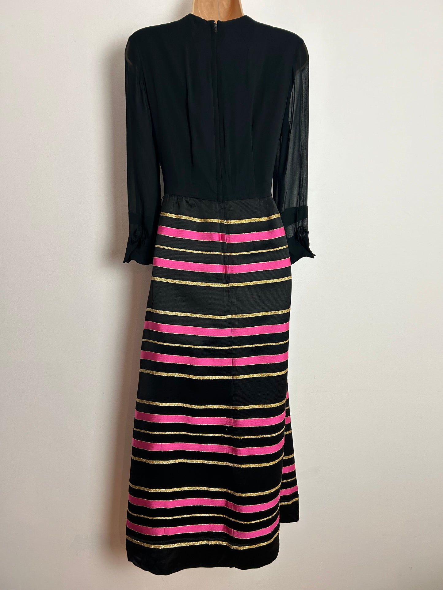 Vintage 1970s EASTEX UK Size 10 Black Pink & Gold Stripe Long Sleeve Occasion Evening Maxi Dress