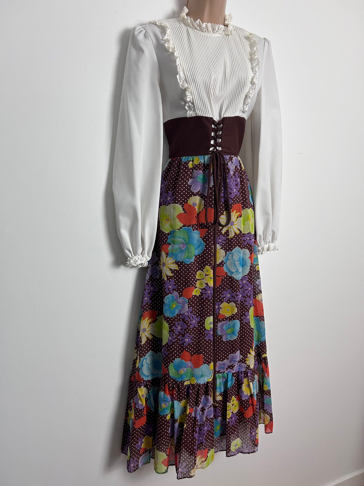 Vintage 1970s UK Size 8-10 White Brown Orange Purple Green Floral Polka Dot Prairie Maxi Dress
