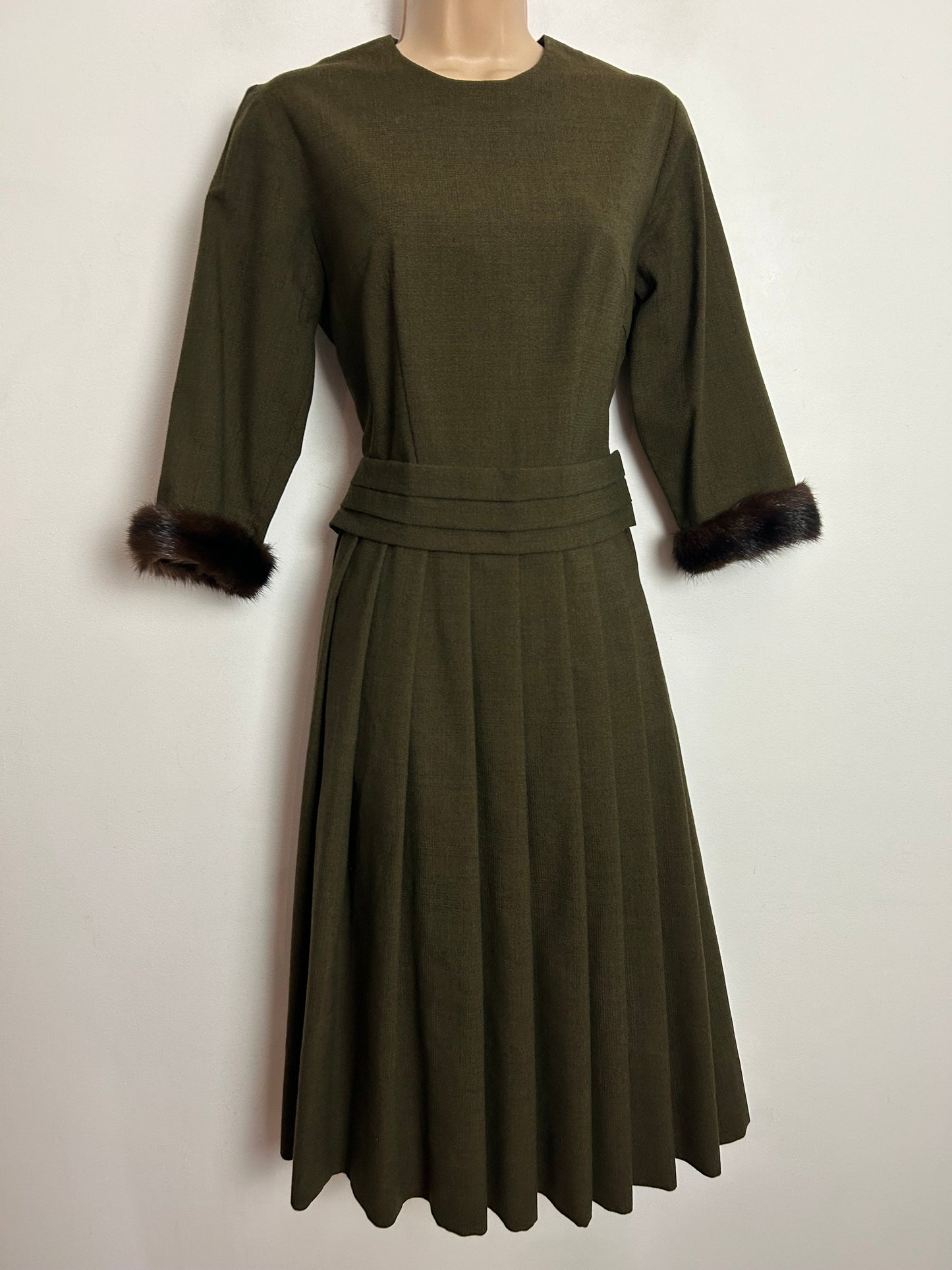 Vintage 1950s UK Size 8 Khaki Green Wool Mix Fur Cuff Pleated Dress