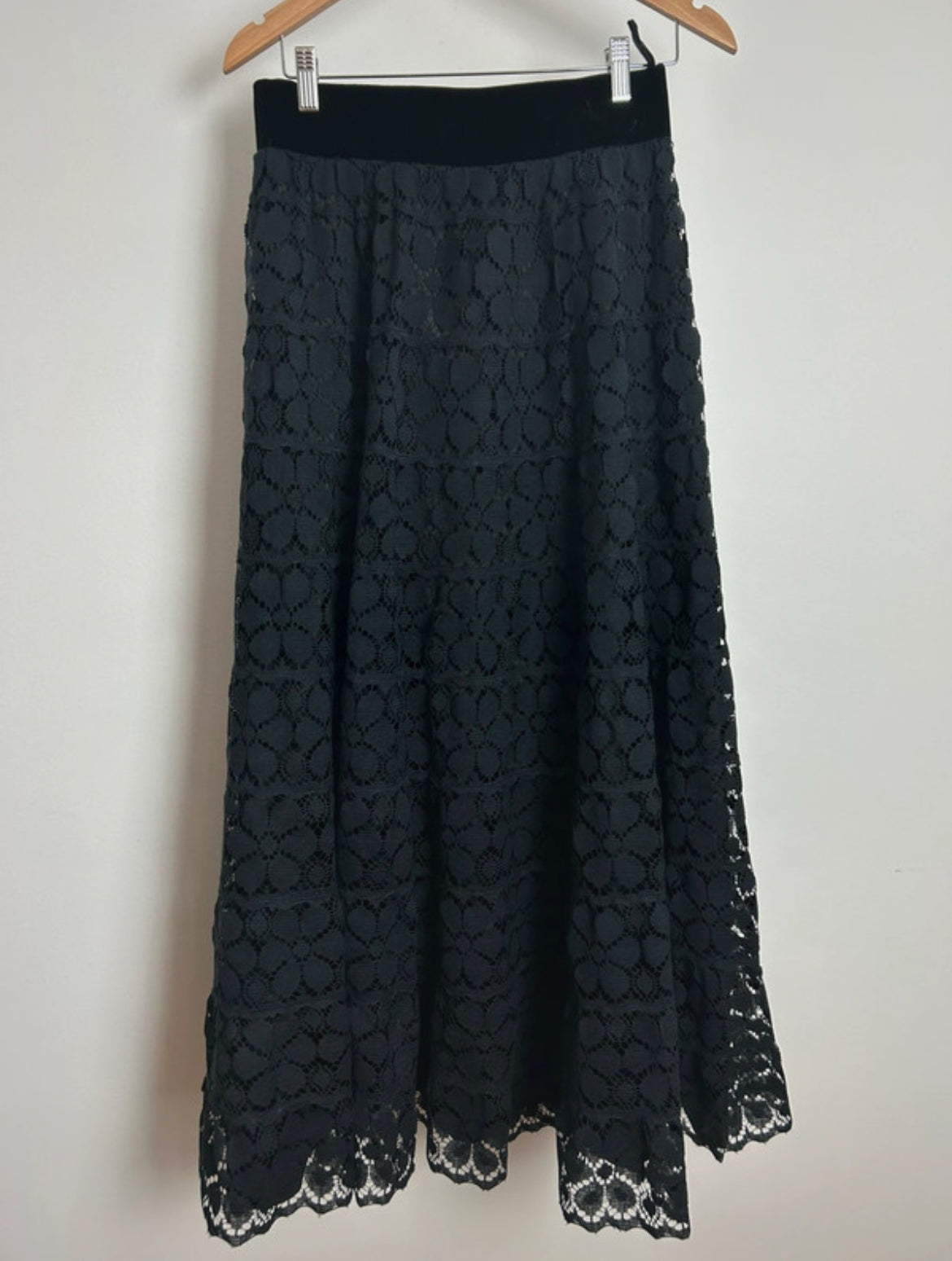 Vintage 1970s Size 8-10 Black Lace & Velvet Waistband Maxi Skirt