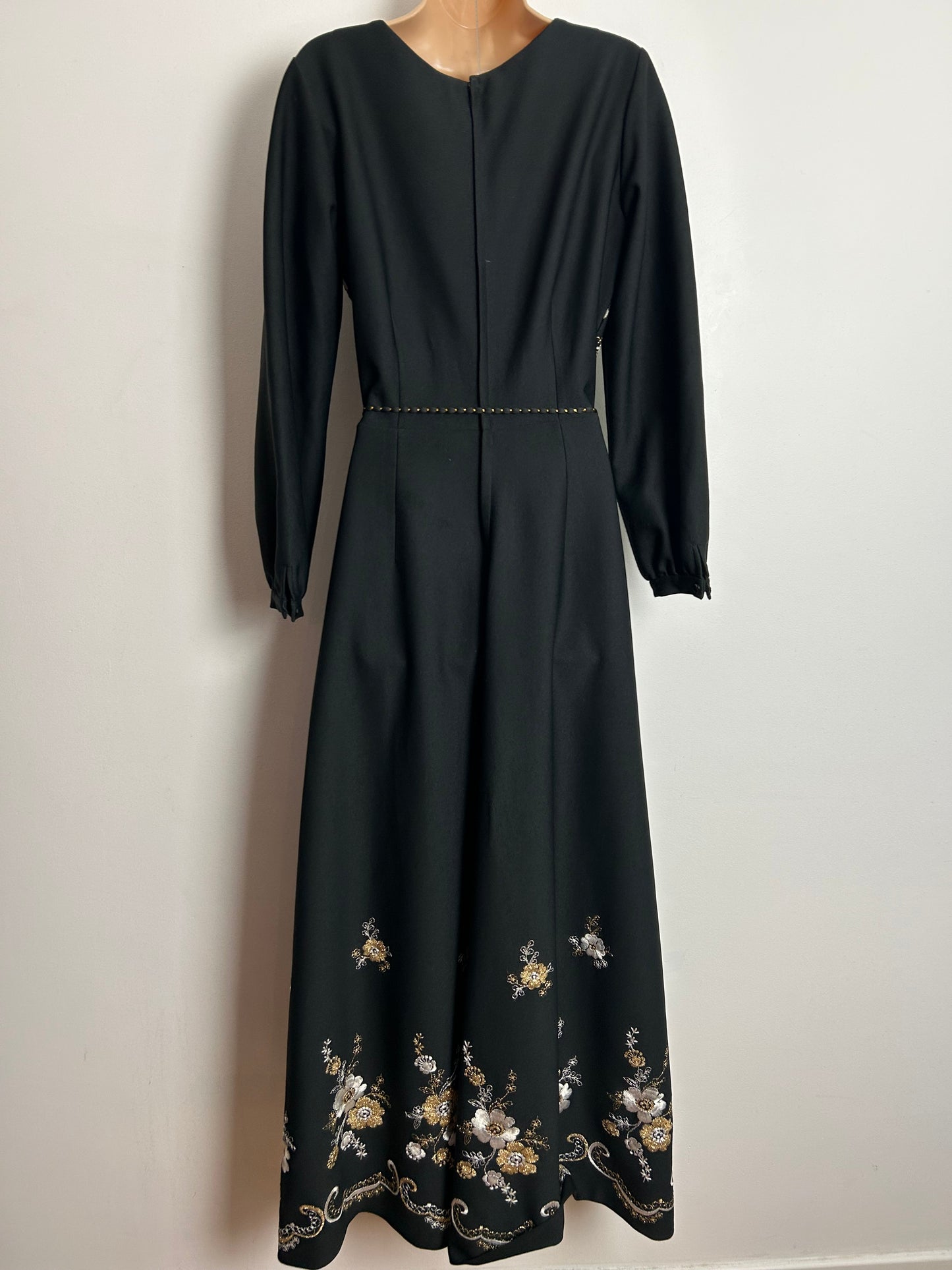Vintage 1970s UK Size 12 Black Gold & Silver Embroidered Floral Pattern Long Sleeve Belted Occasion Evening Maxi Dress