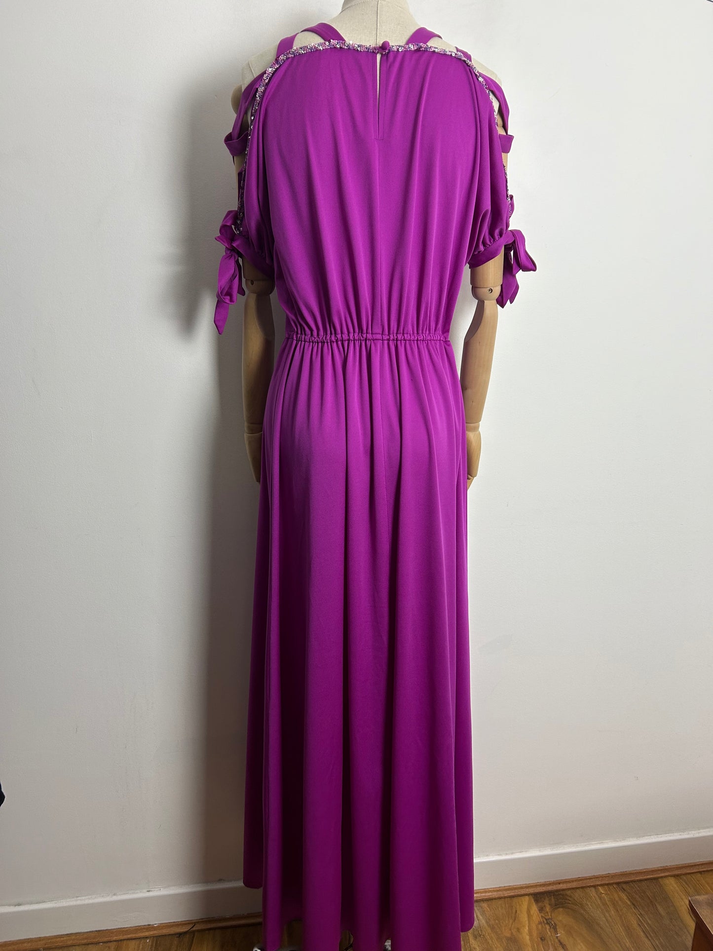 Vintage 1980s UK Size 14 Purpley Magenta Criss Cross Ladder Detail Shirt Sleeve Occasion Evening Maxi Dress