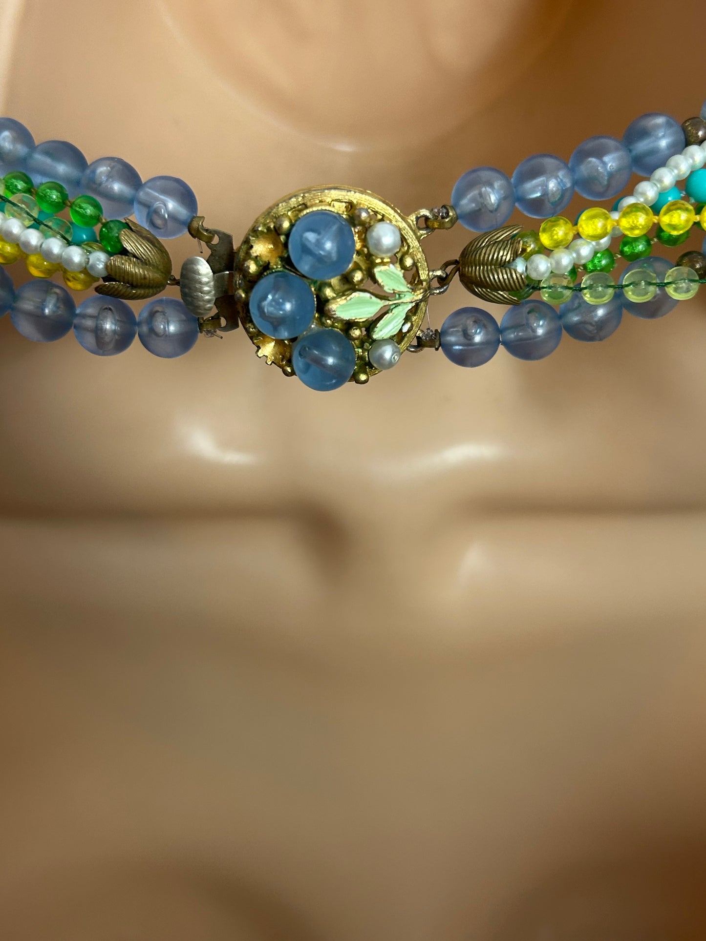 Vintage 1960s Blue Green & Yellow Plastic Bead Multi Strand Necklace With Pretty Clasp