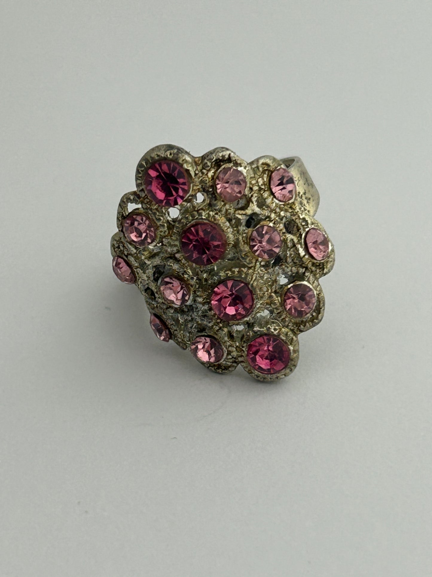 Vintage Silver Tone Metal & Purple Pink Diamante Stone Set Adjustable Ring Up To UK Size U