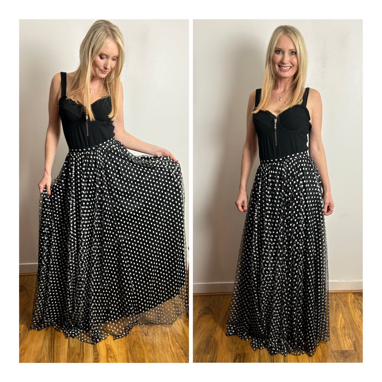 Vintage 1970s YVETTE UK Size 8 Gorgeous Black & White Spotty Floor Length Maxi Skirt