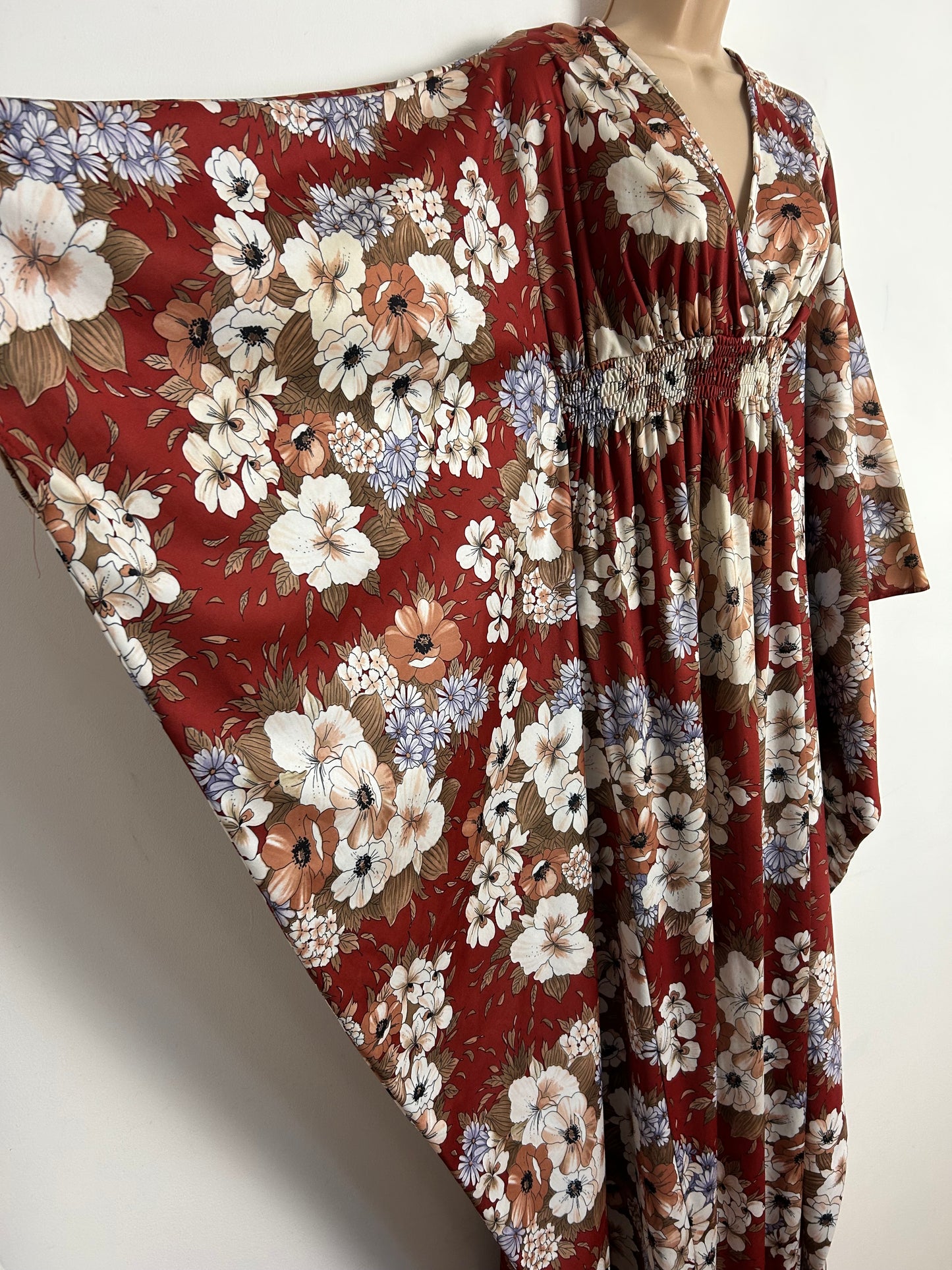 Vintage 1970s SYLVAN One Size Up To Size 12/14 Chestnut Brown Floral Print Wide Sleeve Kaftan Style Boho Maxi Dress