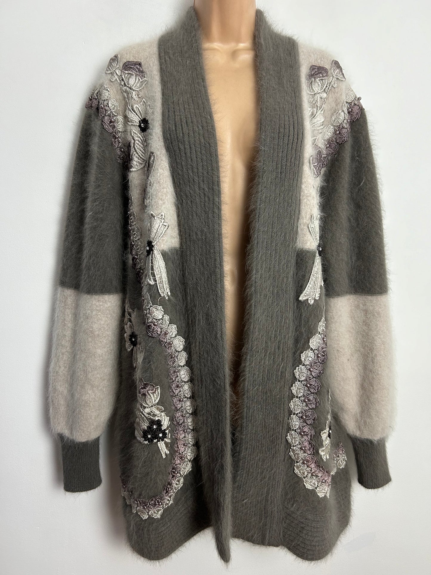 Vintage 1980s One Size Slouchy 80% Angora Grey Tones Applique Embellished Long Line Open Fronted Cardigan/Coatigan