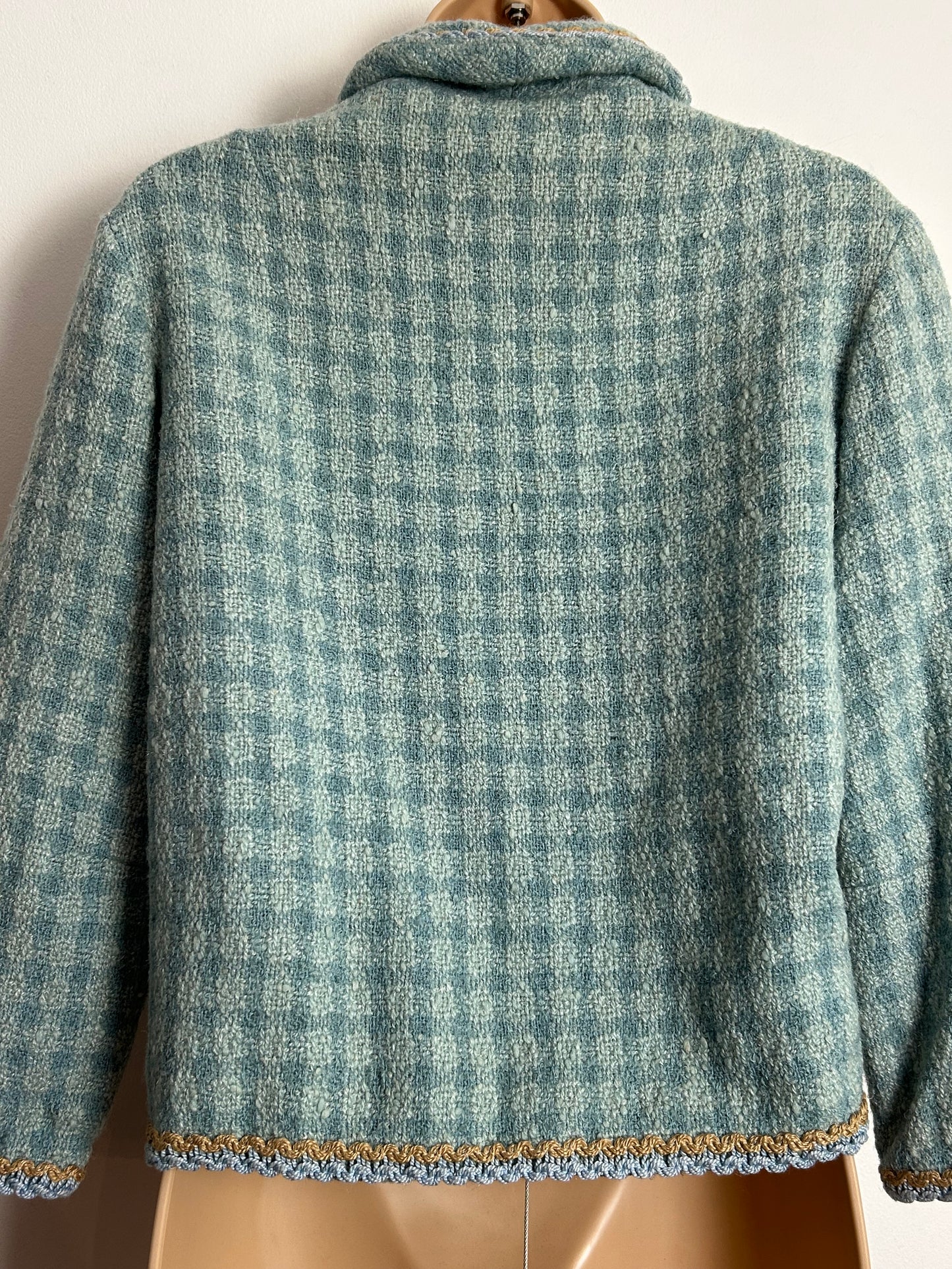 Vintage 1960s UK Size 12-14 Blue Tones Check Wool Mix Braid Trim Fully Lined Boucle Jacket