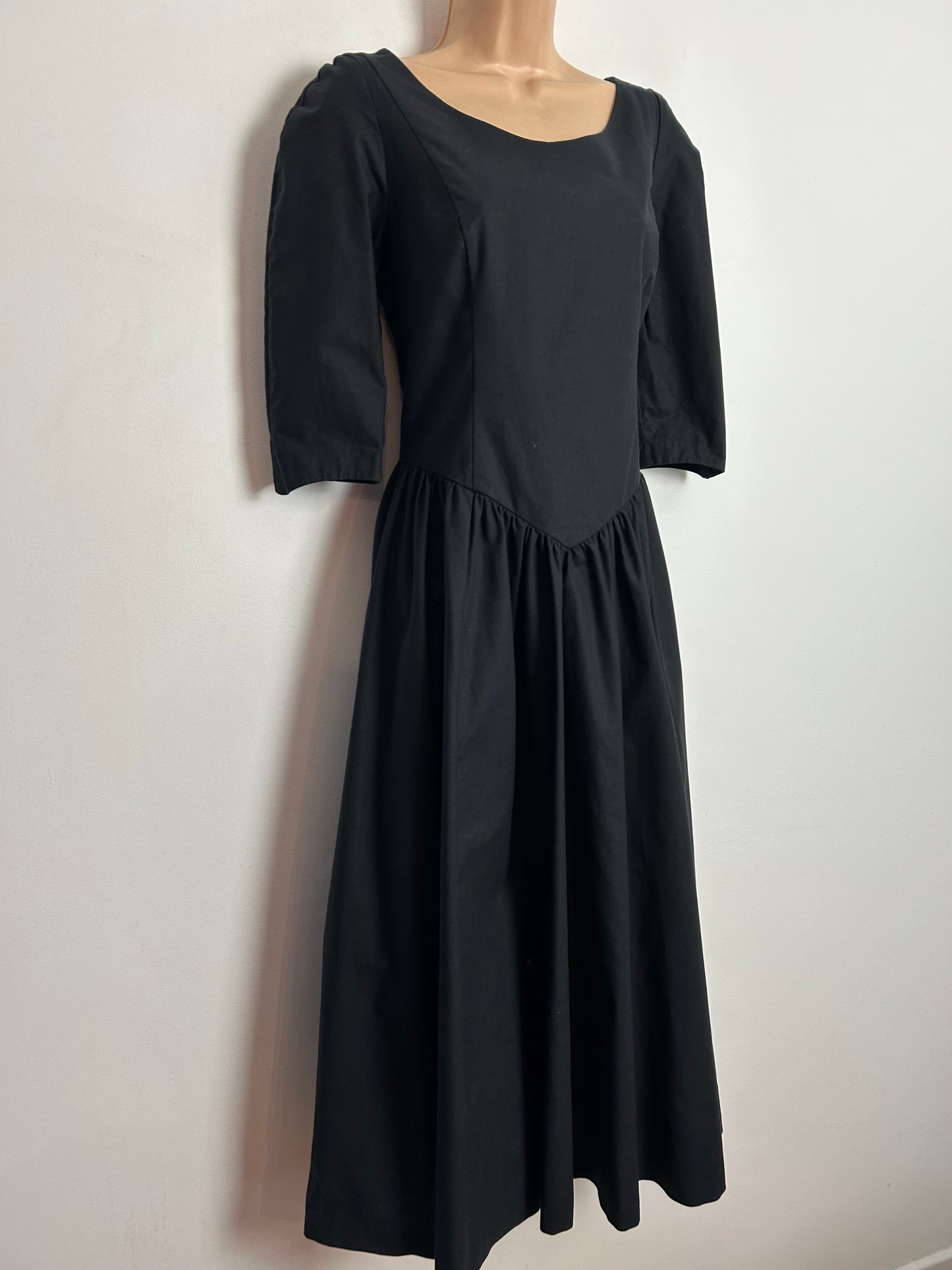 Vintage 1980s LAURA ASHLEY UK Size 12 (14 On Label) Black Surplice Bow Back Dress